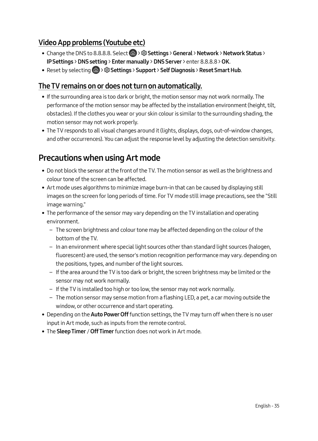 Samsung UE43LS003AUXXU, UE43LS003AUXZG, UE43LS003AUXXC manual Precautions when using Art mode, Video App problems Youtube etc 