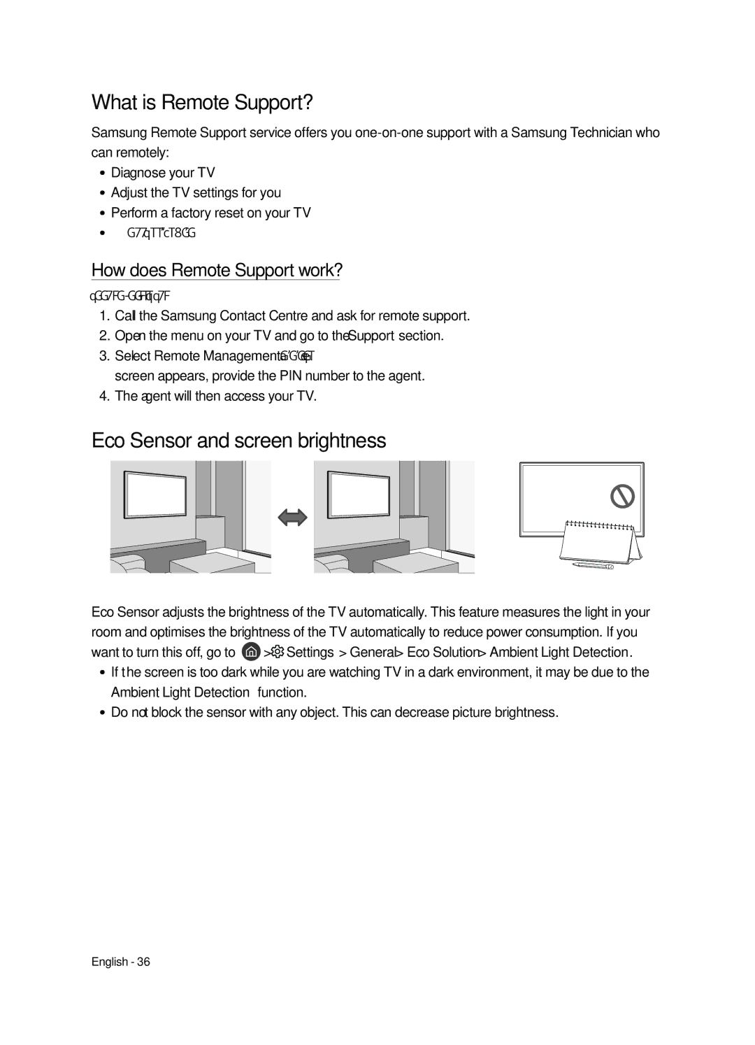 Samsung UE43LS003AUXZG manual What is Remote Support?, Eco Sensor and screen brightness, How does Remote Support work? 