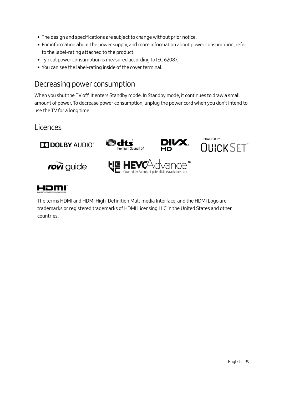 Samsung UE43LS003AUXXU, UE43LS003AUXZG, UE43LS003AUXXC, UE43LS003AUXZT manual Decreasing power consumption, Licences 