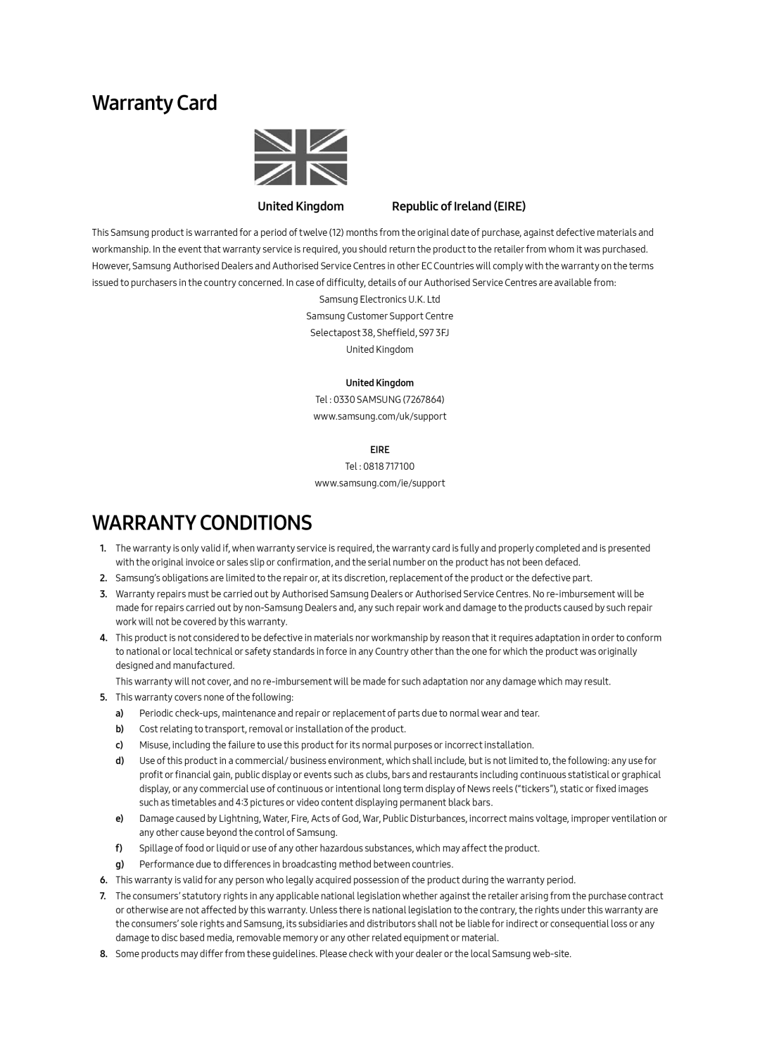 Samsung UE43LS003AUXXU, UE43LS003AUXZG, UE43LS003AUXXC, UE43LS003AUXZT manual Warranty Card, United Kingdom 