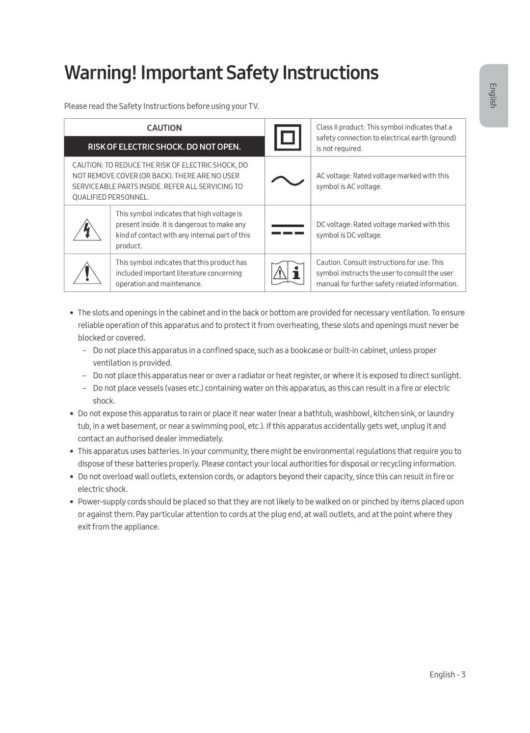 Samsung UE43LS003AUXZT manual Risk of Electric SHOCK. do not Open 