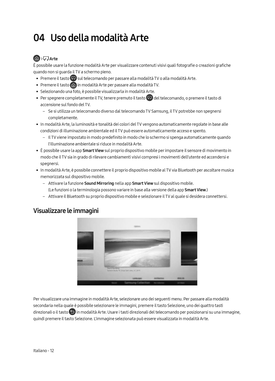 Samsung UE43LS003AUXZT manual Uso della modalità Arte, Visualizzare le immagini 