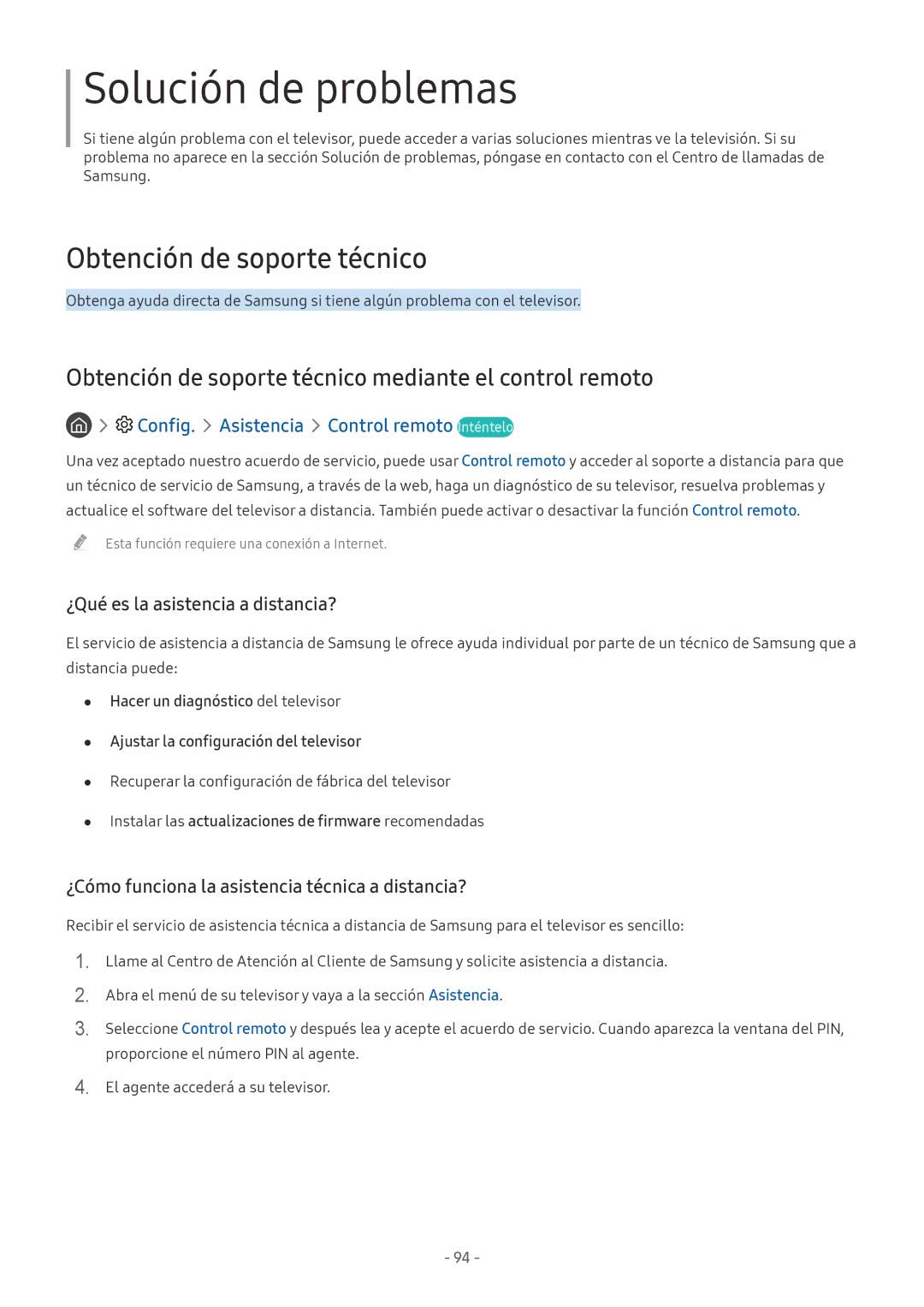 Samsung UE32M5575AUXXC, UE43M5502AKXXH, UE49M5502AKXXH Solución de problemas, Config. Asistencia Control remoto Inténtelo 