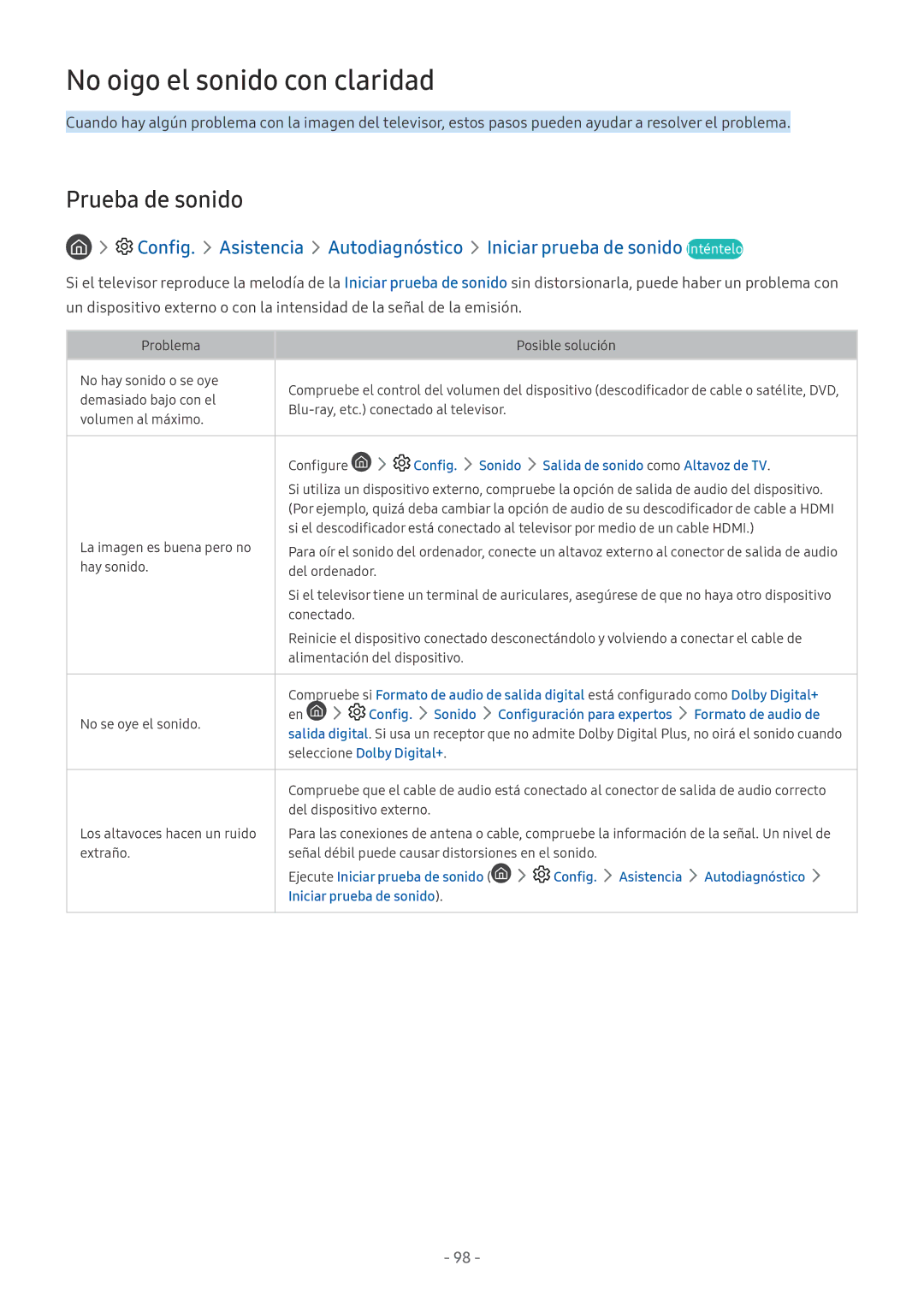 Samsung UE55M6305AKXXC, UE43M5502AKXXH, UE49M5502AKXXH, UE49M5605AKXXC manual No oigo el sonido con claridad, Prueba de sonido 