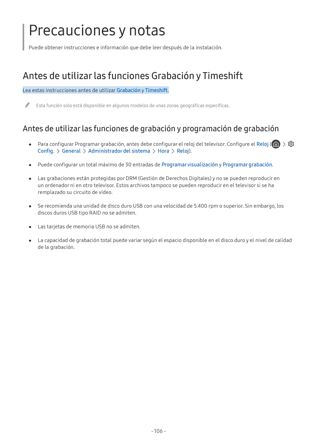 Samsung UE49M5575AUXXC, UE43M5502AKXXH manual Precauciones y notas, Antes de utilizar las funciones Grabación y Timeshift 