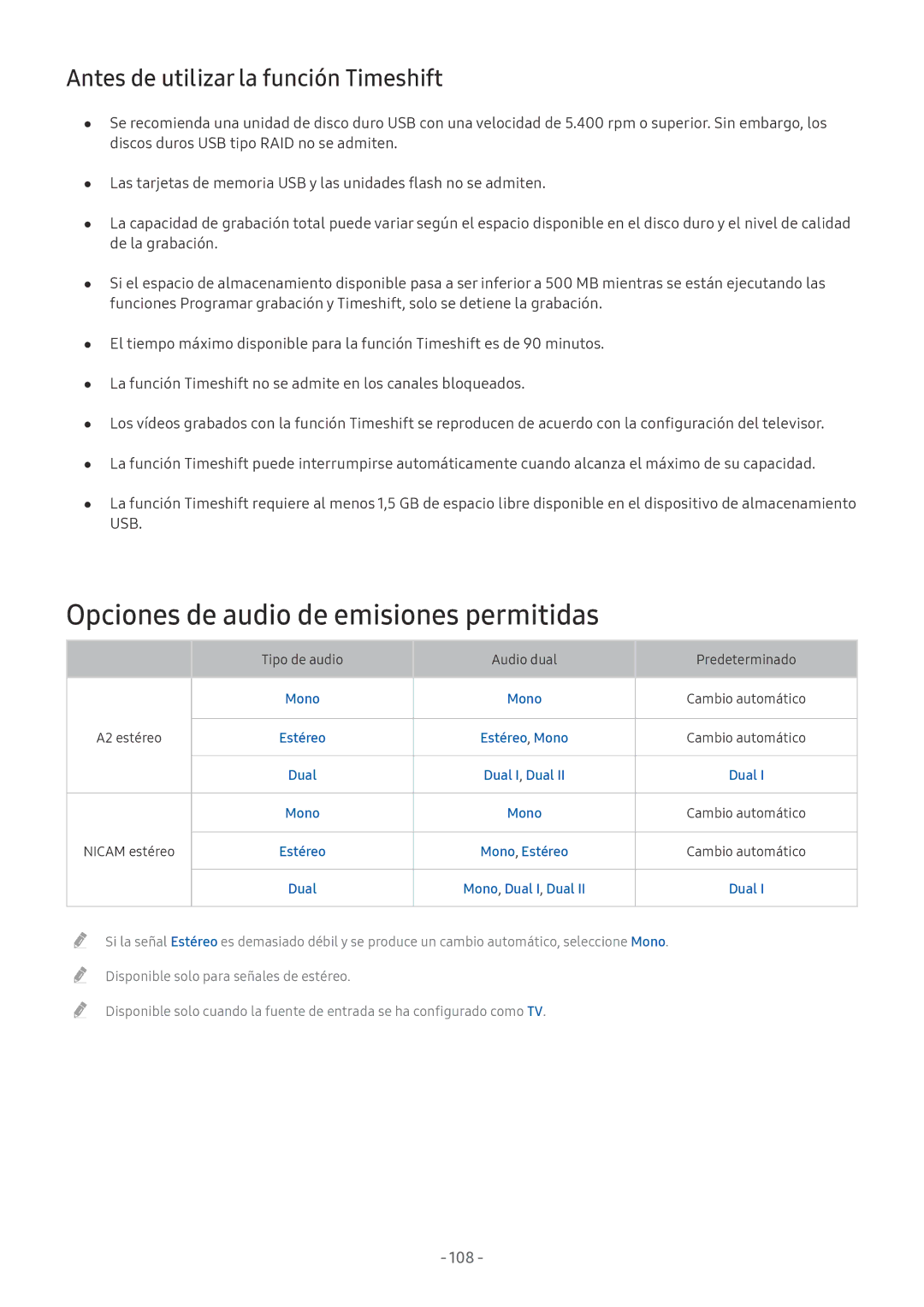 Samsung UE43M5502AKXXH, UE49M5502AKXXH Opciones de audio de emisiones permitidas, Antes de utilizar la función Timeshift 