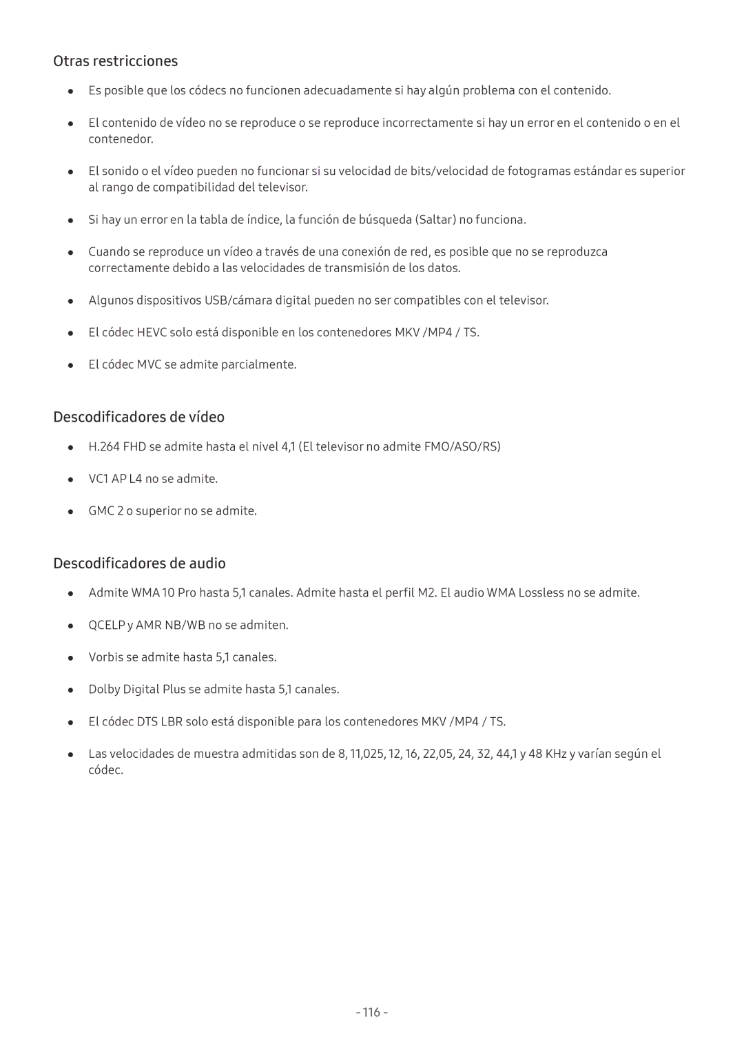 Samsung UE49M5505AKXXC, UE43M5502AKXXH manual Otras restricciones, Descodificadores de vídeo, Descodificadores de audio 