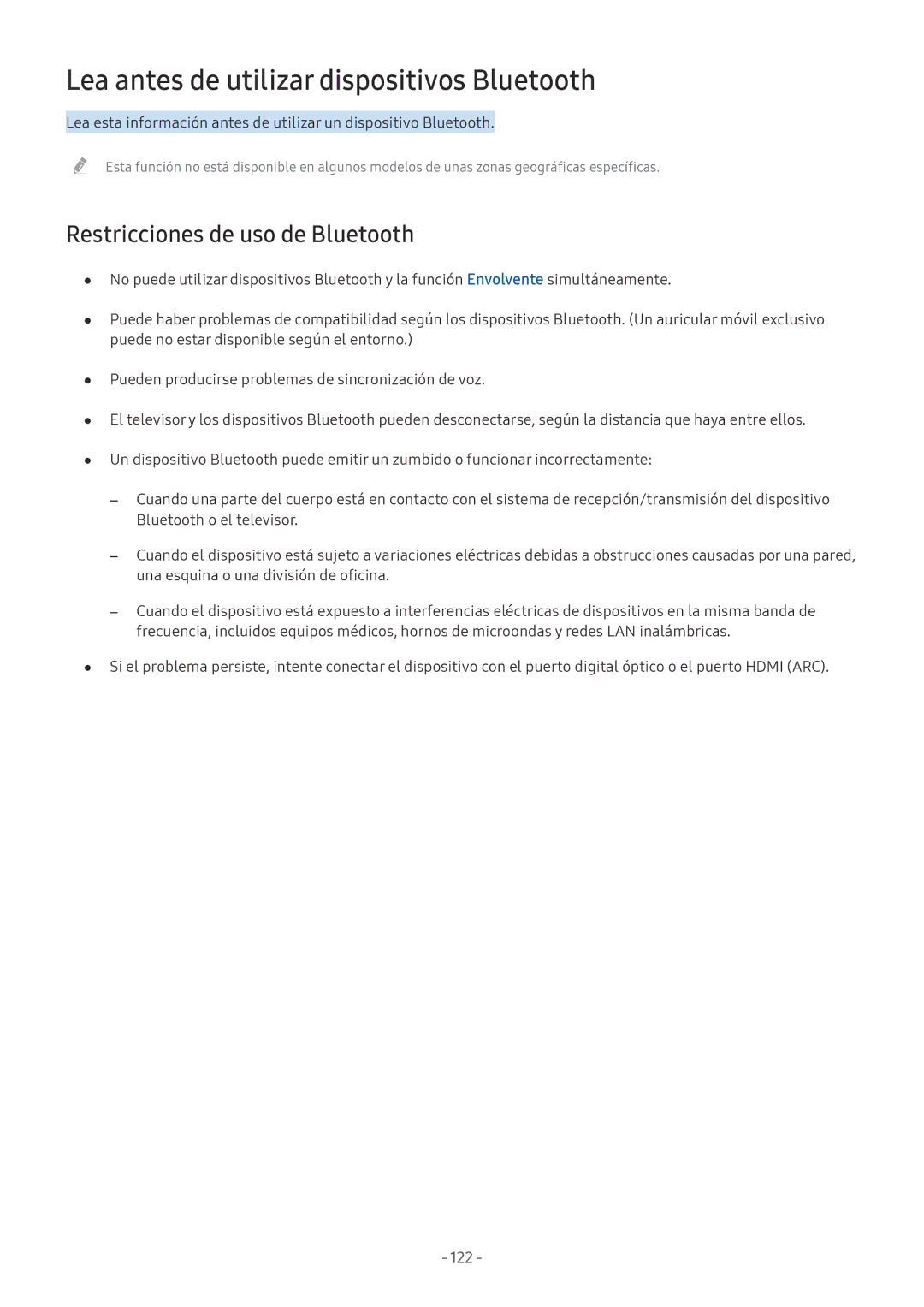 Samsung UE43M5572AUXXH, UE43M5502AKXXH Lea antes de utilizar dispositivos Bluetooth, Restricciones de uso de Bluetooth 