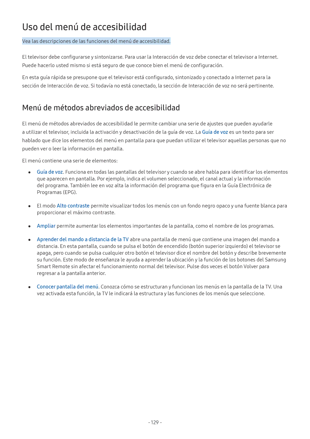 Samsung UE49M5605AKXXC, UE43M5502AKXXH manual Uso del menú de accesibilidad, Menú de métodos abreviados de accesibilidad 