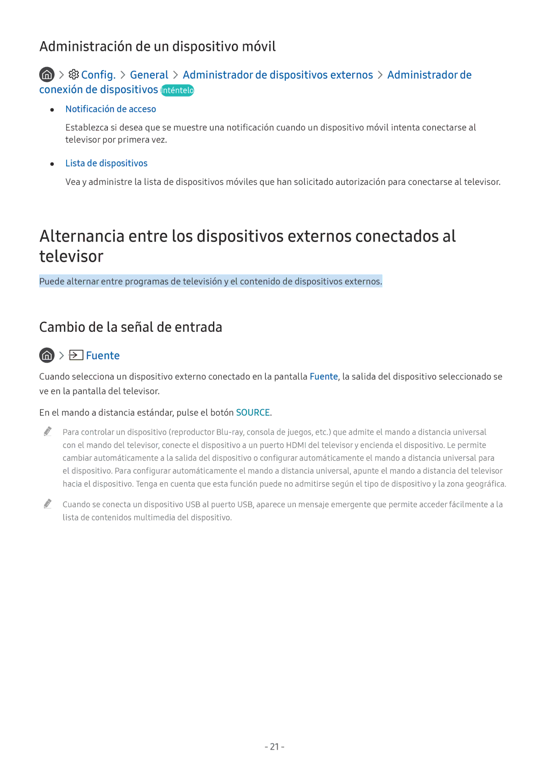 Samsung UE49M5505AKXXC manual Administración de un dispositivo móvil, Cambio de la señal de entrada, Notificación de acceso 