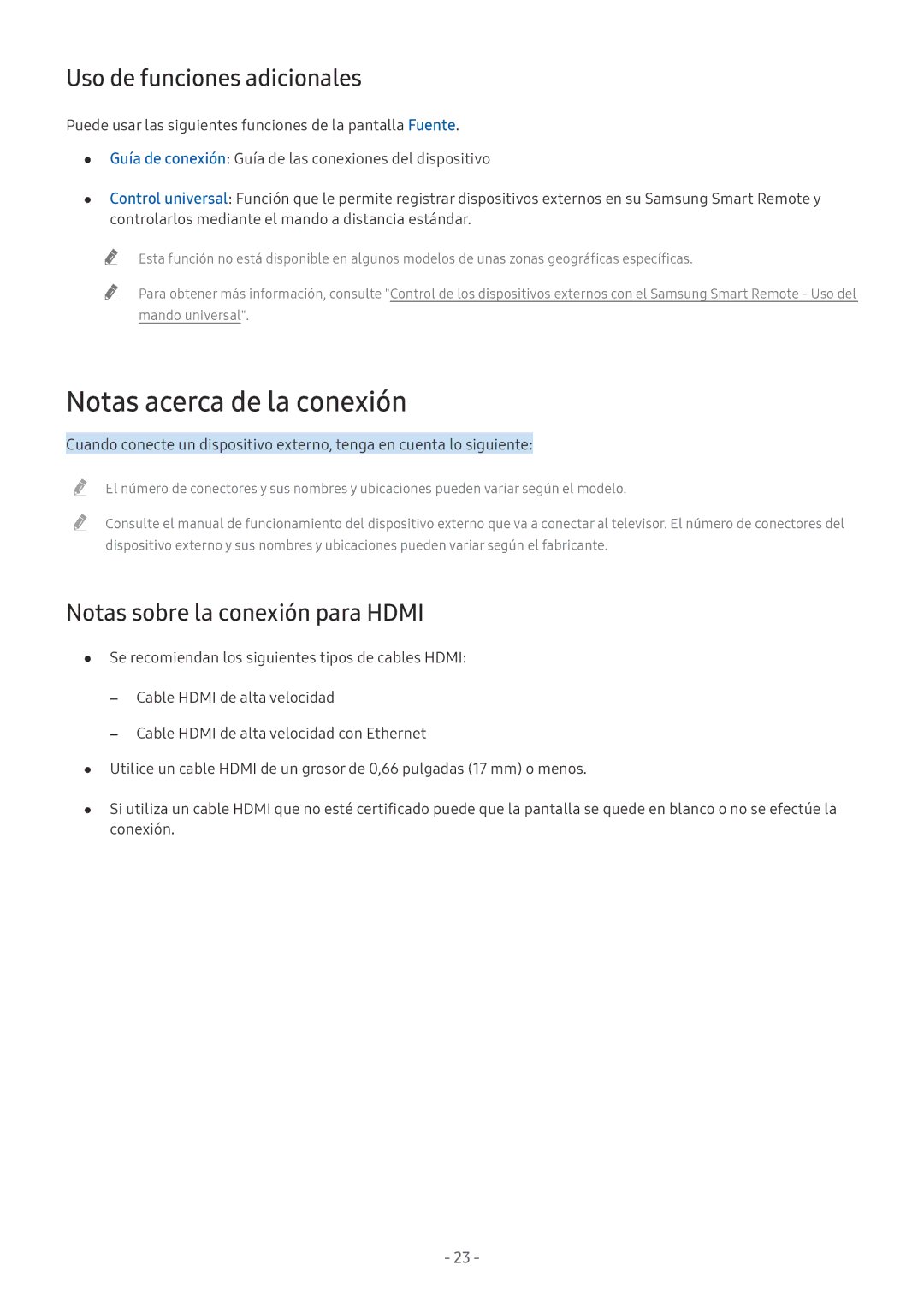 Samsung UE49M6305AKXXC manual Notas acerca de la conexión, Uso de funciones adicionales, Notas sobre la conexión para Hdmi 