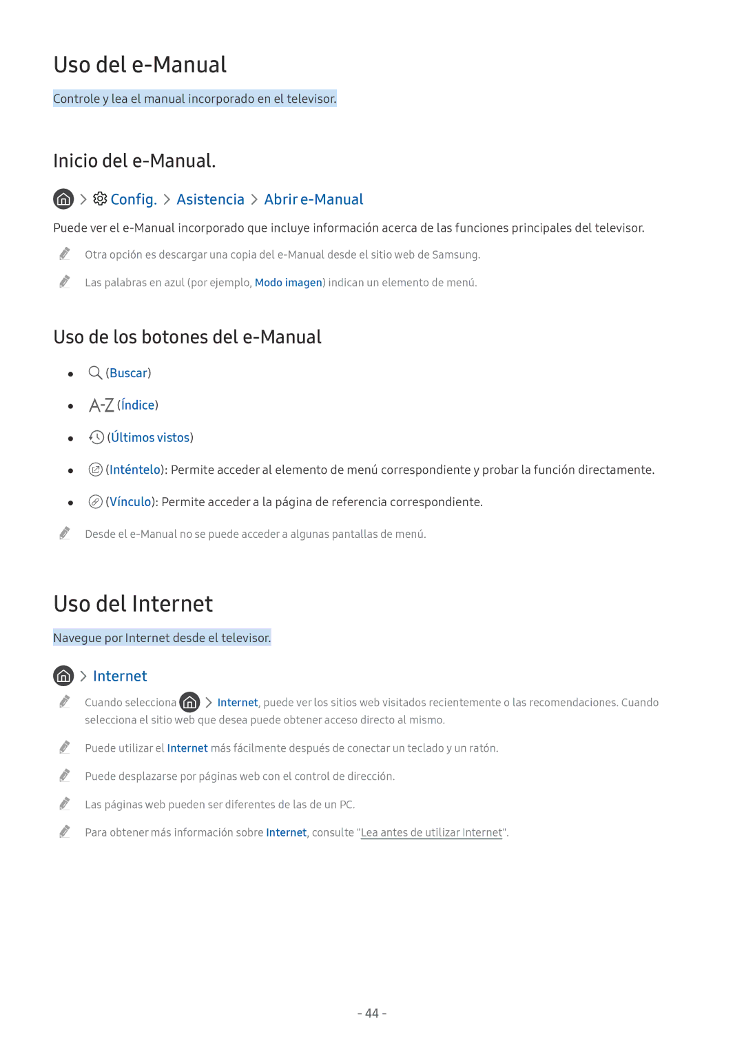 Samsung UE49M6372AUXXH manual Uso del e-Manual, Uso del Internet, Inicio del e-Manual, Uso de los botones del e-Manual 
