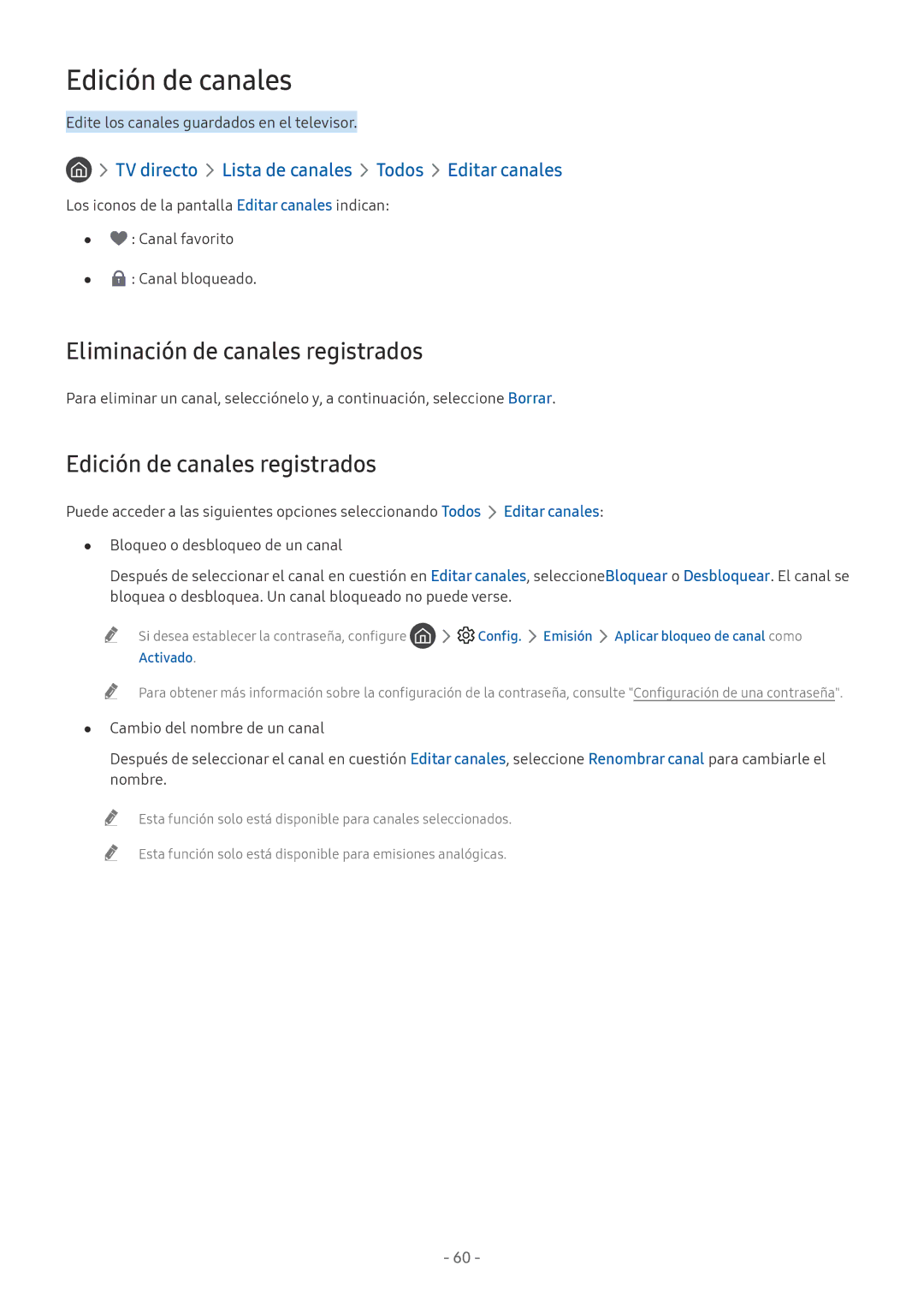 Samsung UE55M6305AKXXC, UE43M5502AKXXH manual Eliminación de canales registrados, Edición de canales registrados 