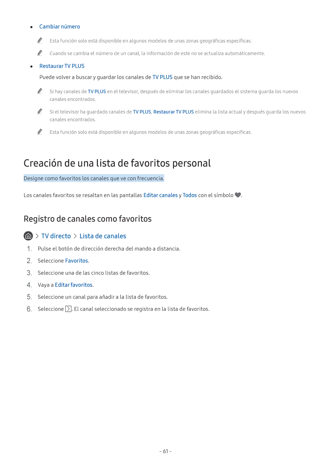Samsung UE49M6305AKXXC Creación de una lista de favoritos personal, Registro de canales como favoritos, Cambiar número 