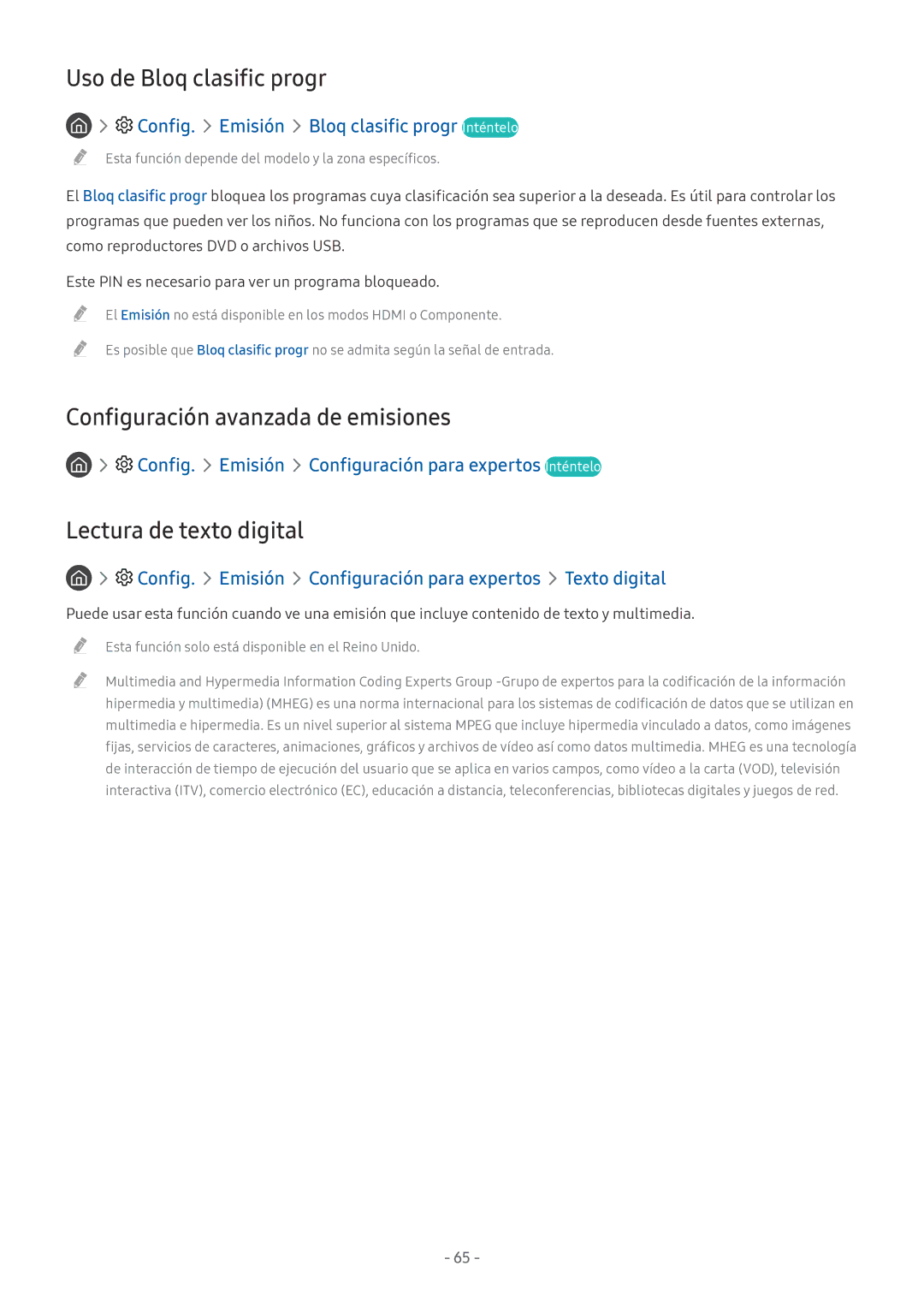 Samsung UE43M5572AUXXH manual Uso de Bloq clasific progr, Configuración avanzada de emisiones, Lectura de texto digital 