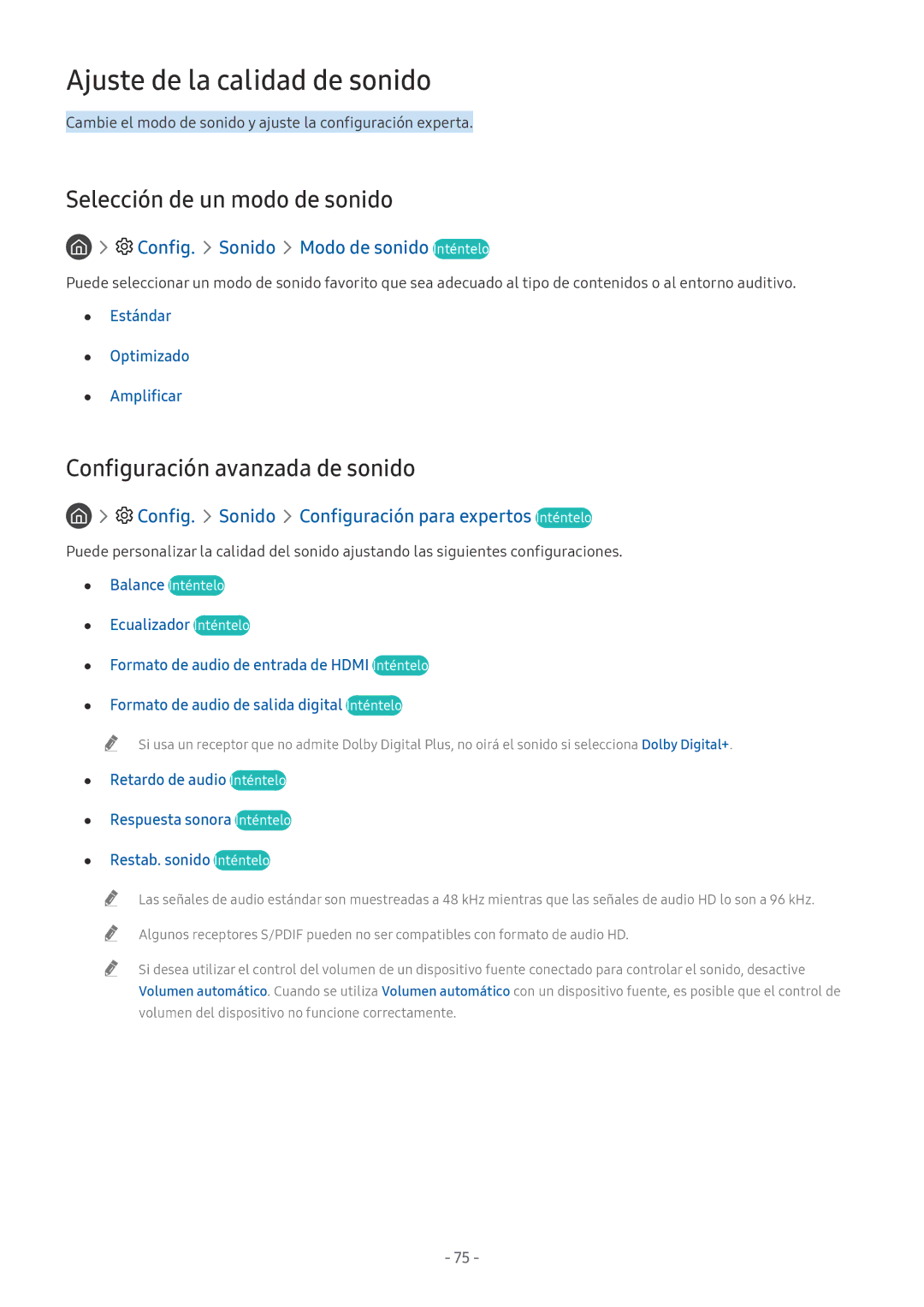 Samsung UE32M5575AUXXC Ajuste de la calidad de sonido, Selección de un modo de sonido, Configuración avanzada de sonido 