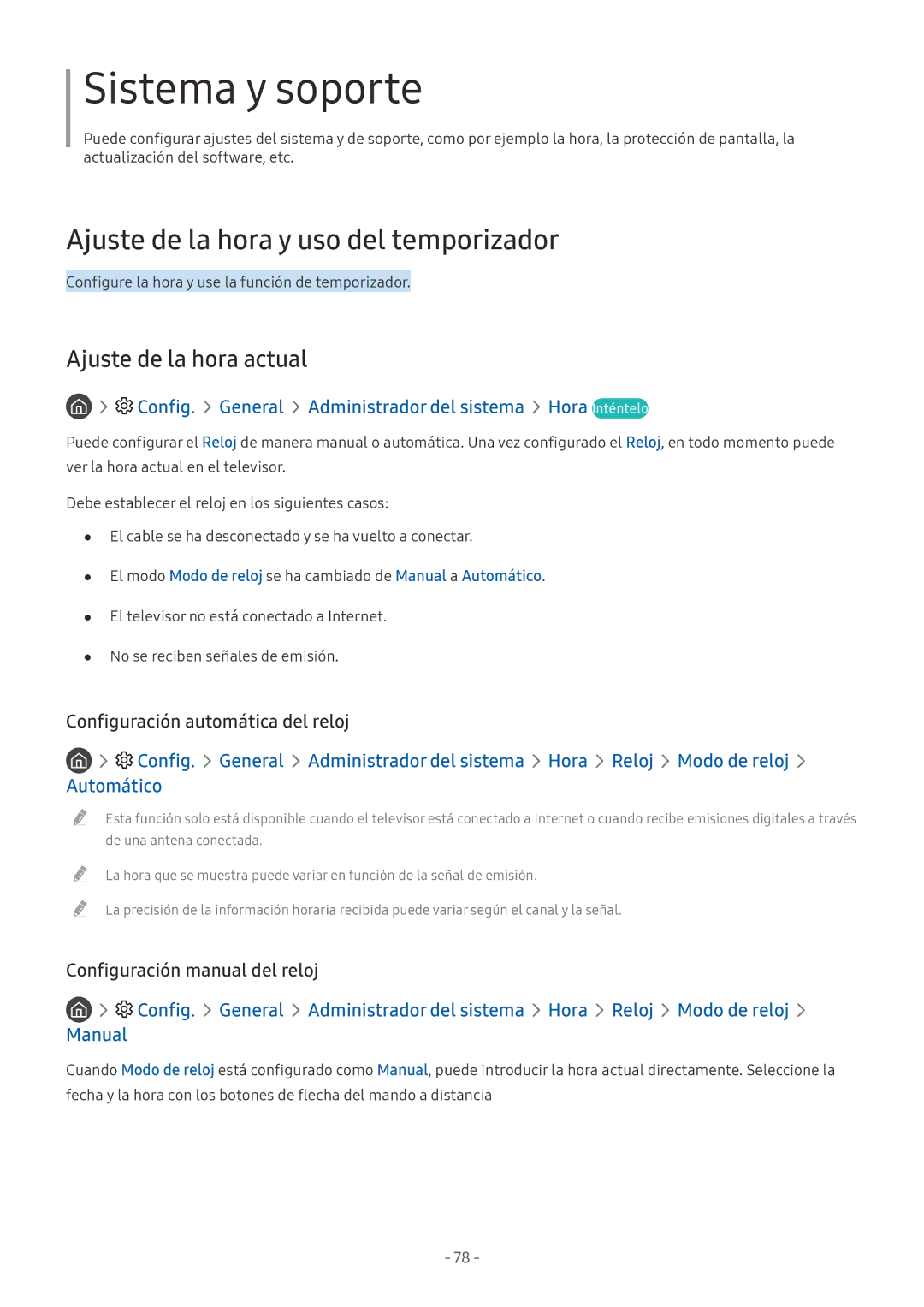 Samsung UE49M5505AKXXC Ajuste de la hora y uso del temporizador, Ajuste de la hora actual, Configuración manual del reloj 