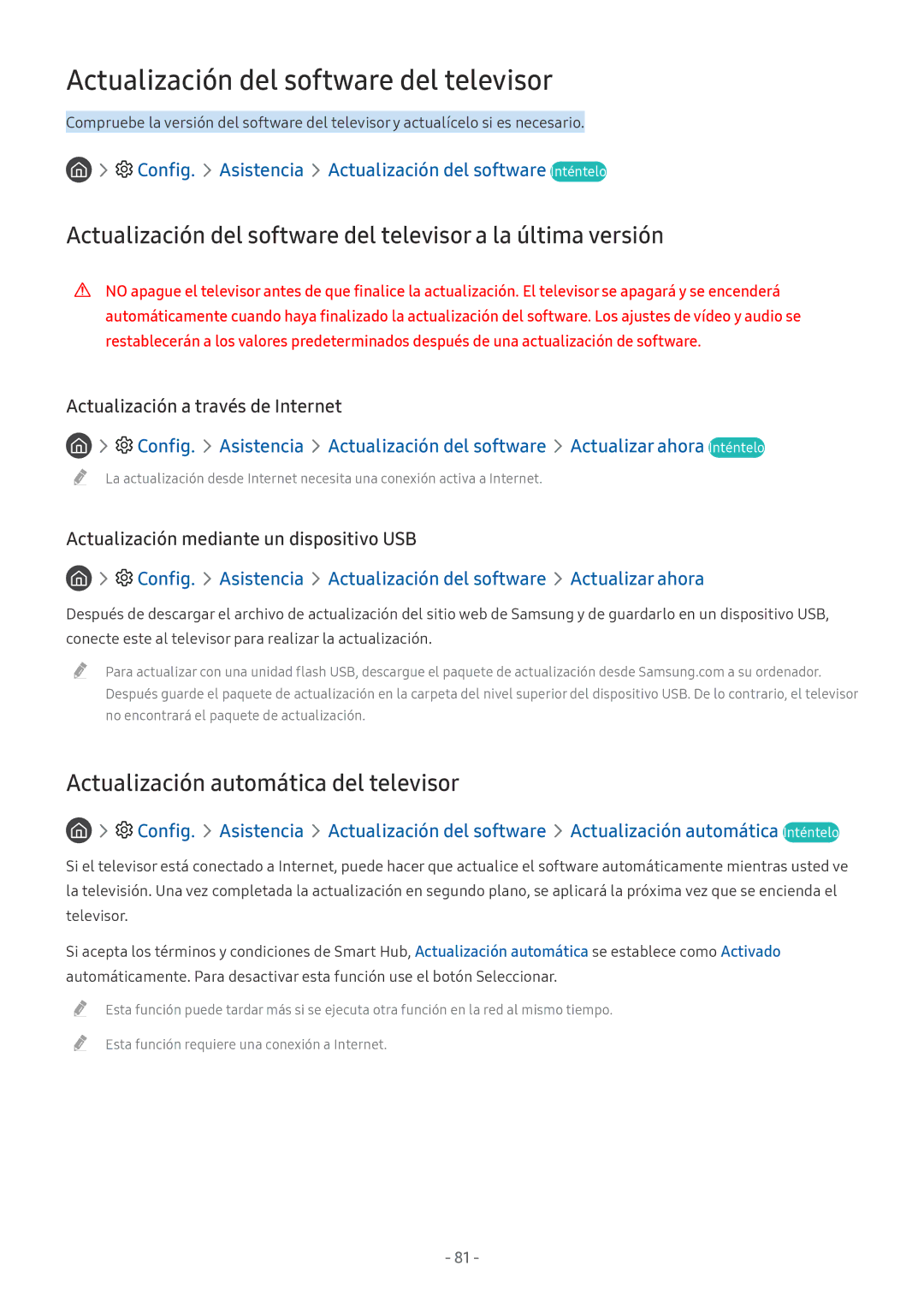 Samsung UE55M5605AKXXC Actualización del software del televisor, Config. Asistencia Actualización del software Inténtelo 