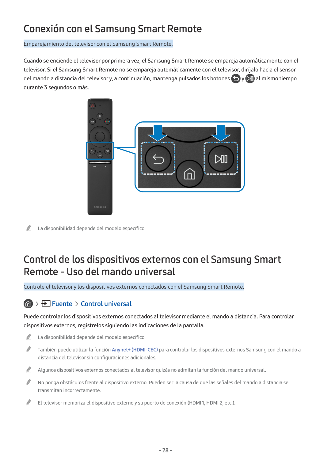 Samsung UE32M5605AKXXC, UE43M5502AKXXH, UE49M5502AKXXH manual Conexión con el Samsung Smart Remote, Fuente Control universal 