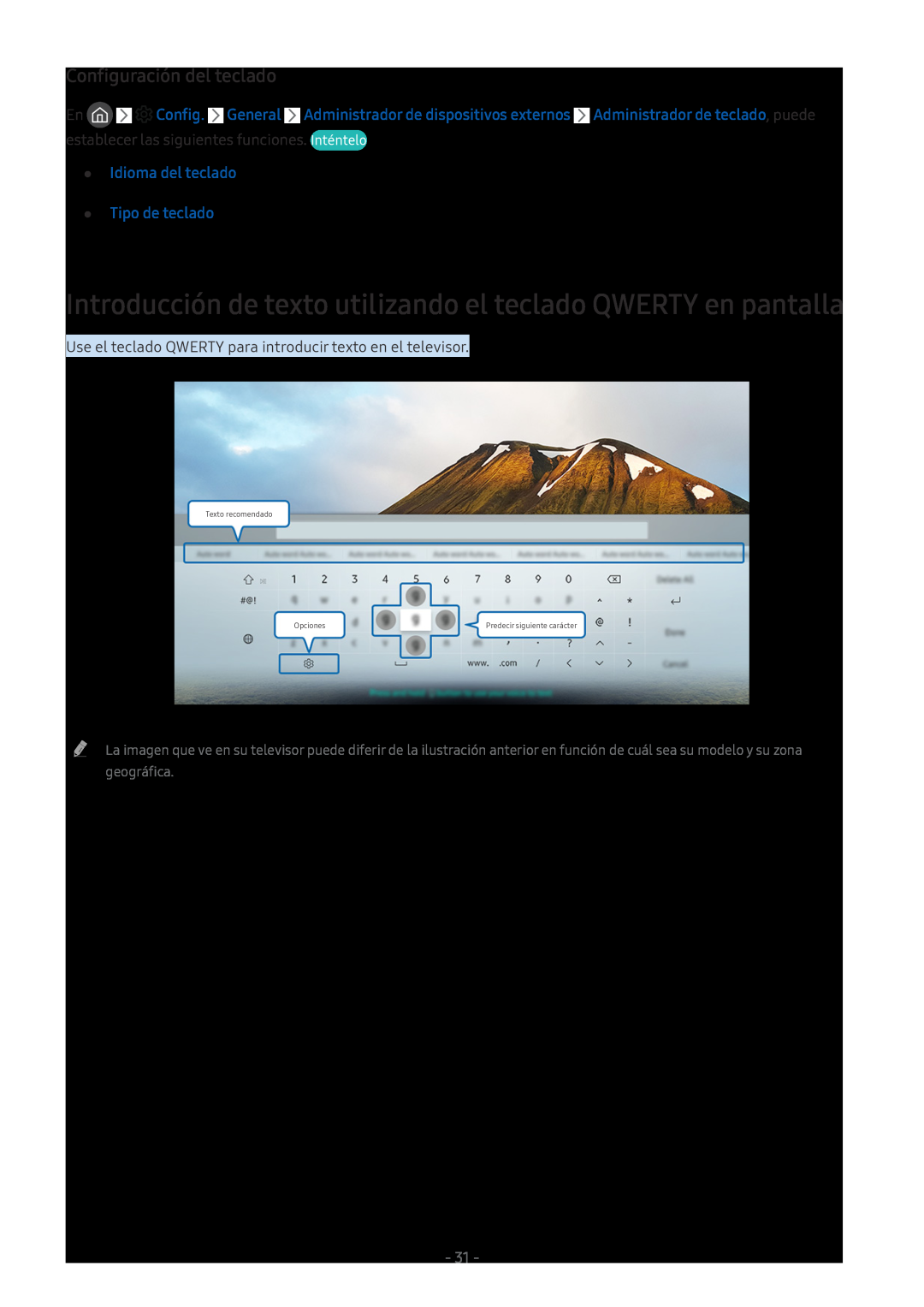 Samsung UE43M5505AKXXC Introducción de texto utilizando el teclado QWERTY en pantalla, Configuración del teclado, Opciones 
