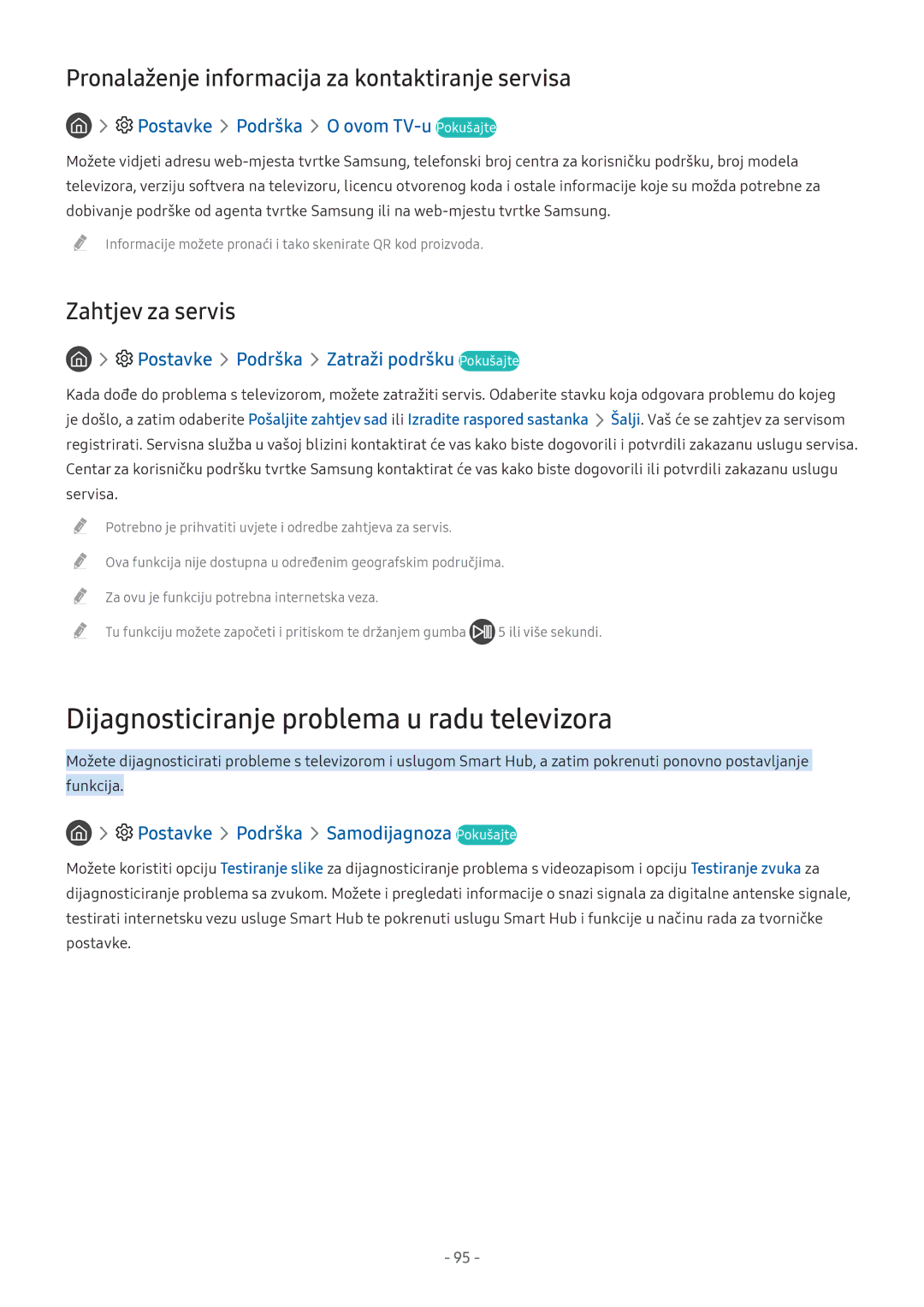 Samsung UE43M5572AUXXH manual Dijagnosticiranje problema u radu televizora, Postavke Podrška O ovom TV-u Pokušajte 