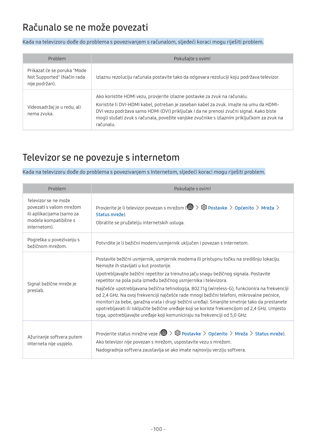 Samsung UE43M5672AUXXH manual Računalo se ne može povezati, Televizor se ne povezuje s internetom, Postavke Općenito Mreža 