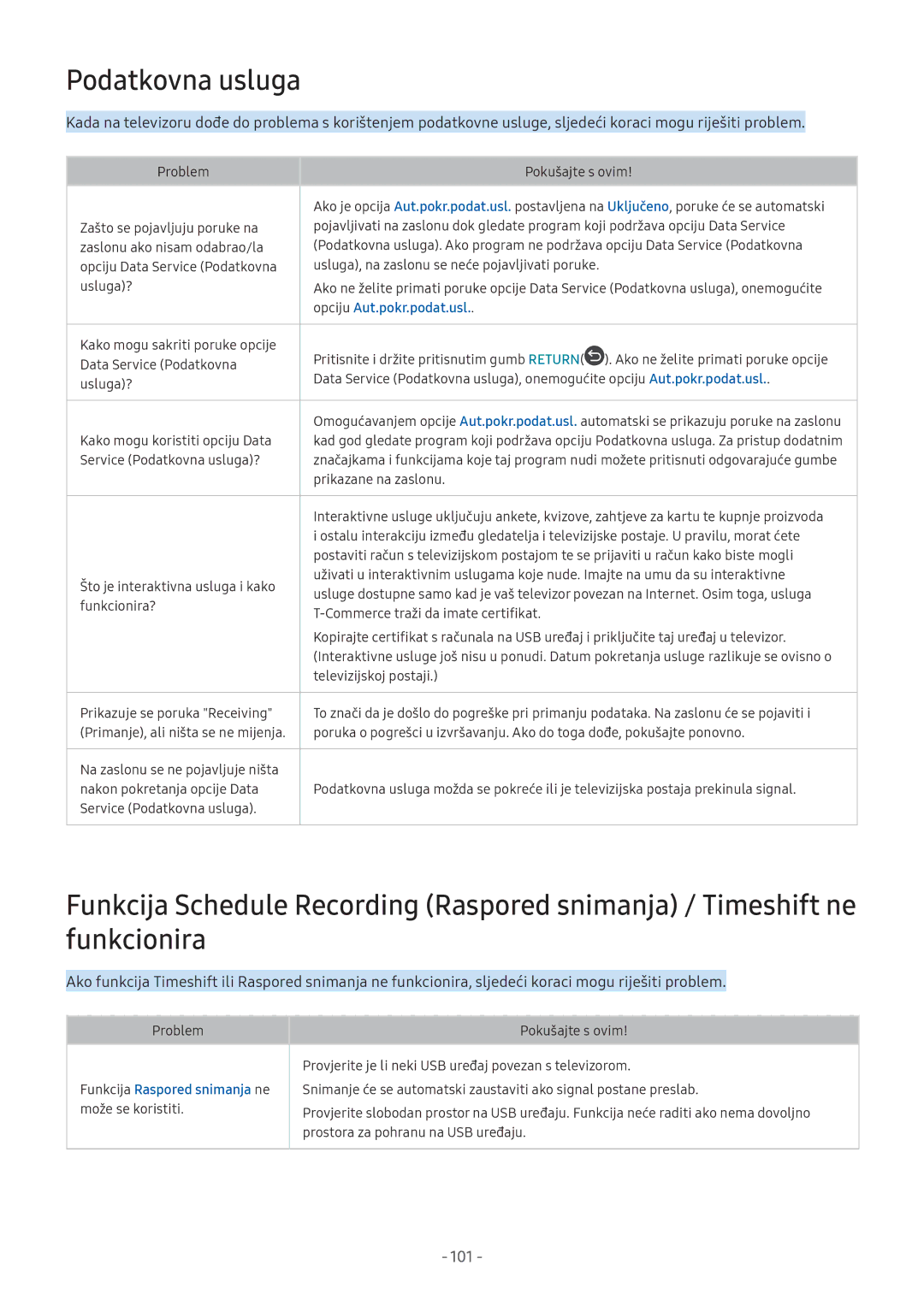 Samsung UE49M5672AUXXH manual Podatkovna usluga, Opciju Aut.pokr.podat.usl, Funkcija Raspored snimanja ne može se koristiti 