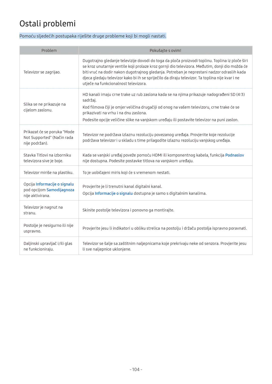 Samsung UE55M5572AUXXH, UE43M5522AKXXH manual Ostali problemi, Opcija Informacije o signalu, Pod opcijom Samodijagnoza 