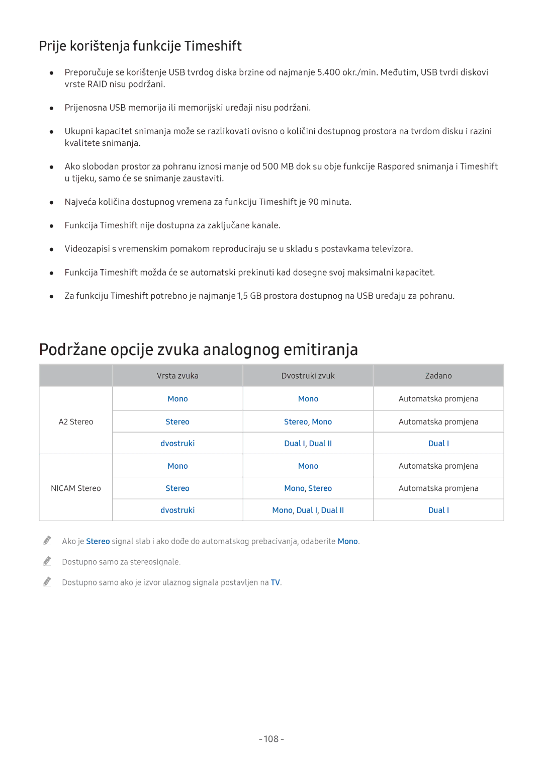 Samsung UE43M5522AKXXH, UE32M5522AKXXH Podržane opcije zvuka analognog emitiranja, Prije korištenja funkcije Timeshift 