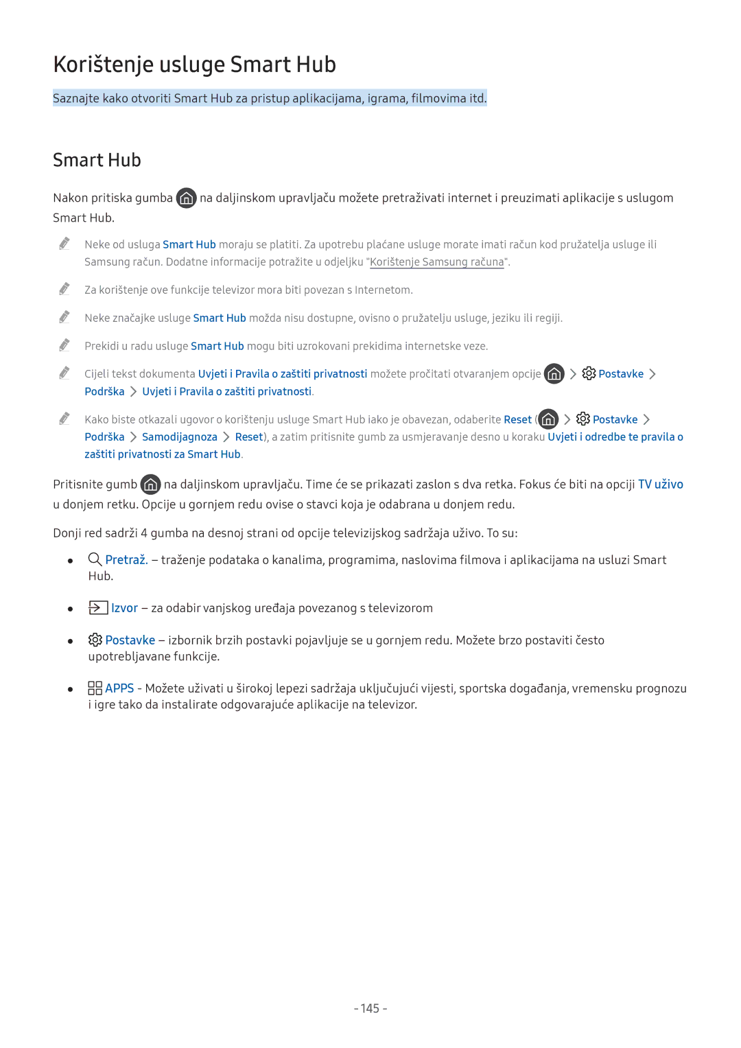 Samsung UE55M6322AKXXH, UE43M5522AKXXH, UE32M5522AKXXH manual Smart Hub, Podrška Uvjeti i Pravila o zaštiti privatnosti 