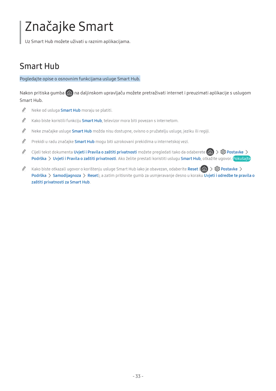 Samsung UE32M5522AKXXH, UE43M5522AKXXH, UE32M5572AUXXH manual Postavke Podrška, Zaštiti privatnosti za Smart Hub 