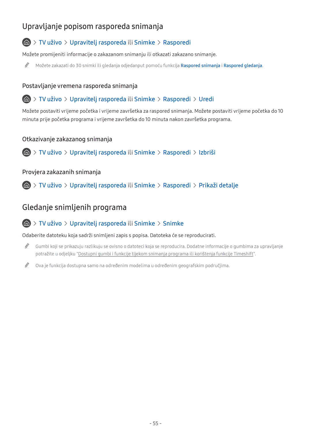 Samsung UE32M5672AUXXH, UE43M5522AKXXH, UE32M5522AKXXH Upravljanje popisom rasporeda snimanja, Gledanje snimljenih programa 