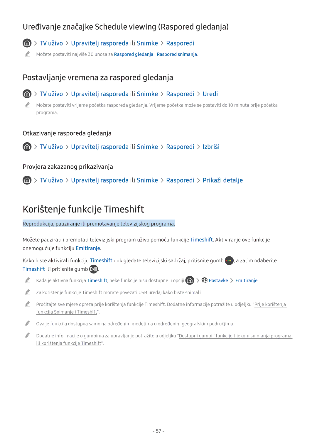 Samsung UE43M5572AUXXH manual Korištenje funkcije Timeshift, Uređivanje značajke Schedule viewing Raspored gledanja 