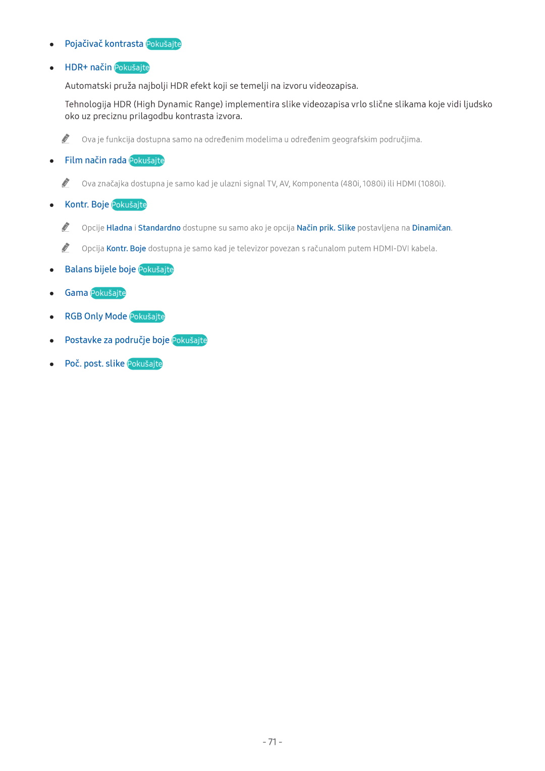 Samsung UE32M5522AKXXH, UE43M5522AKXXH manual Pojačivač kontrasta Pokušajte HDR+ način Pokušajte, Film način rada Pokušajte 