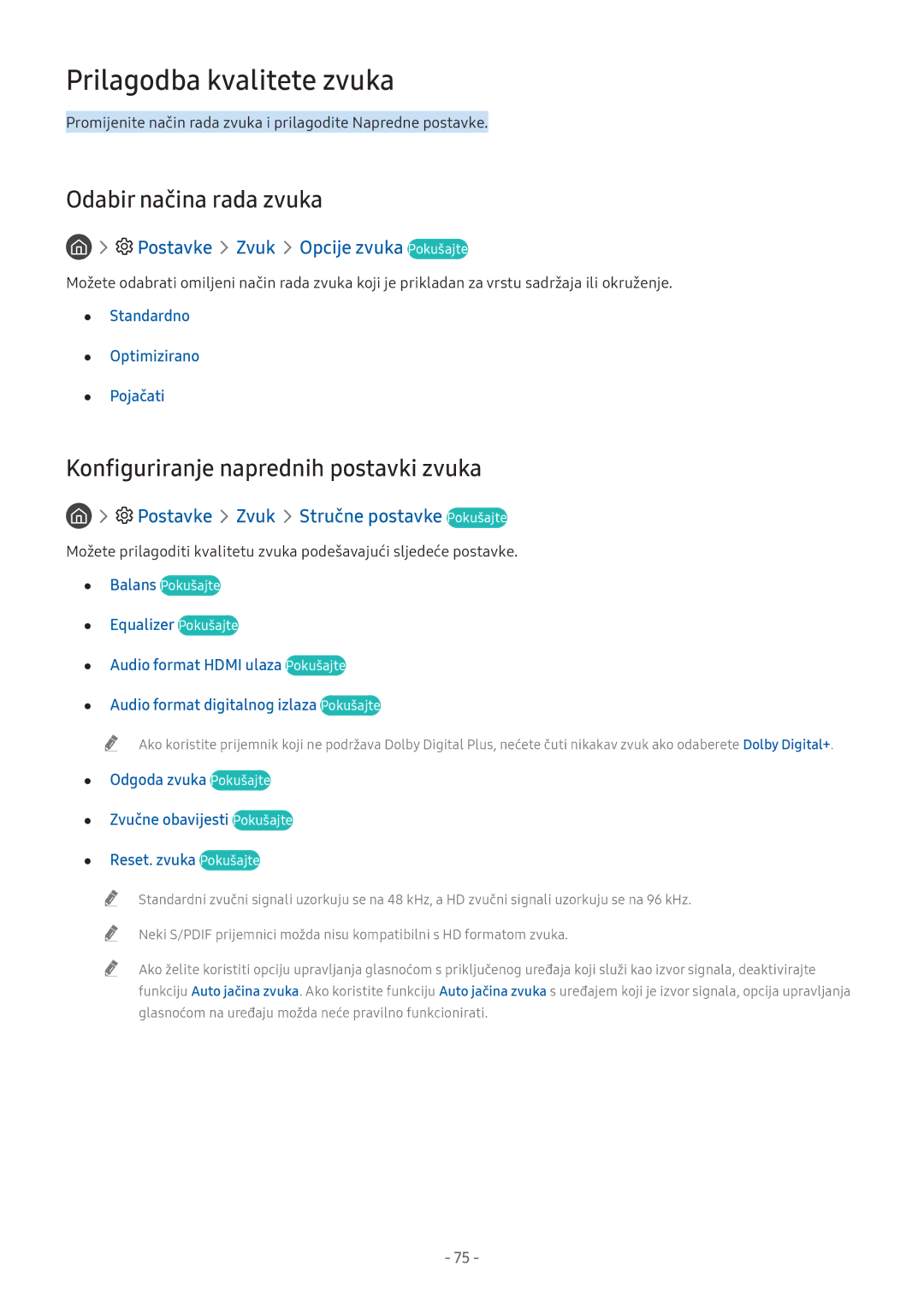 Samsung UE49M6372AUXXH manual Prilagodba kvalitete zvuka, Odabir načina rada zvuka, Konfiguriranje naprednih postavki zvuka 