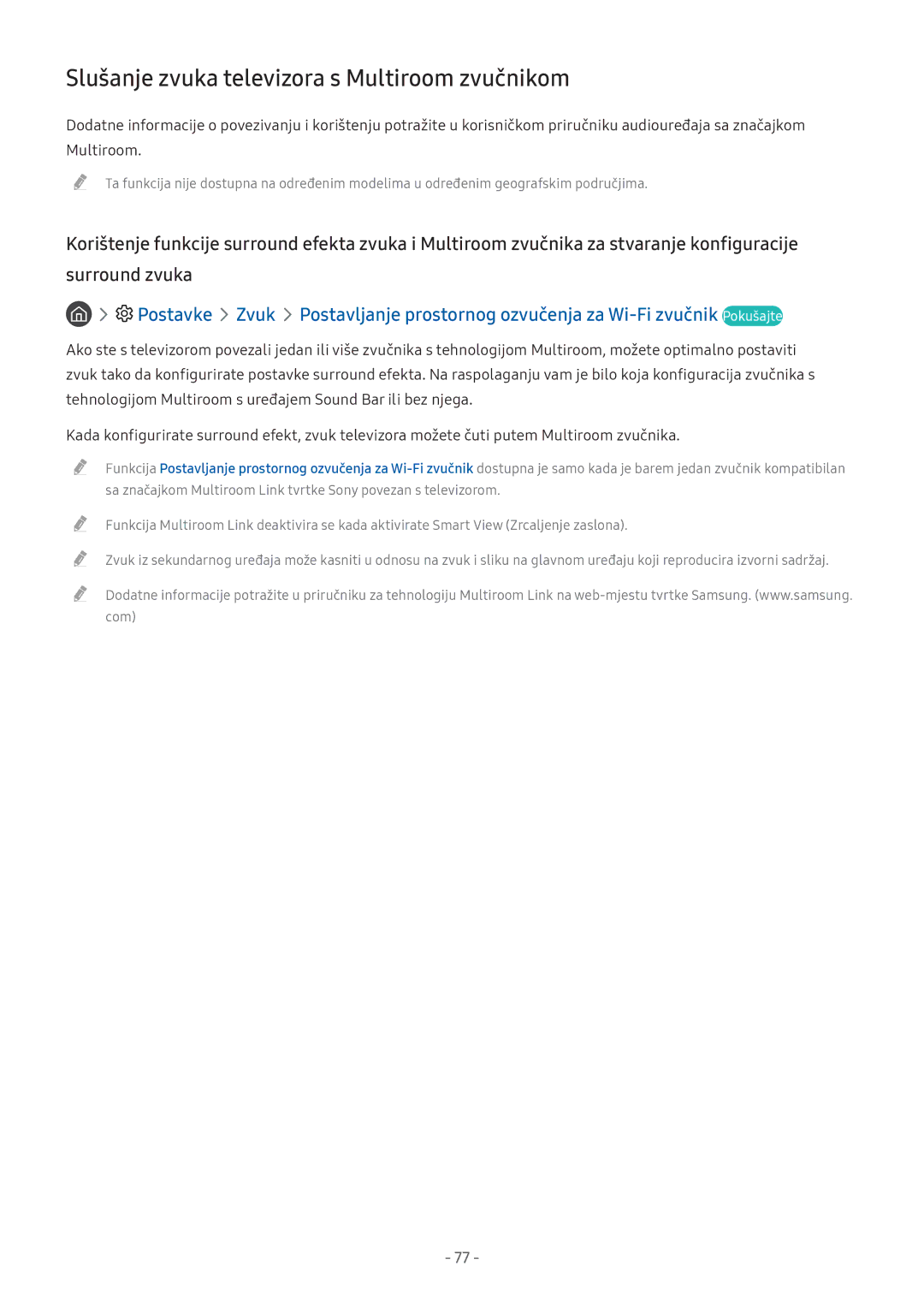 Samsung UE49M5522AKXXH, UE43M5522AKXXH, UE32M5522AKXXH, UE32M5572AUXXH manual Slušanje zvuka televizora s Multiroom zvučnikom 
