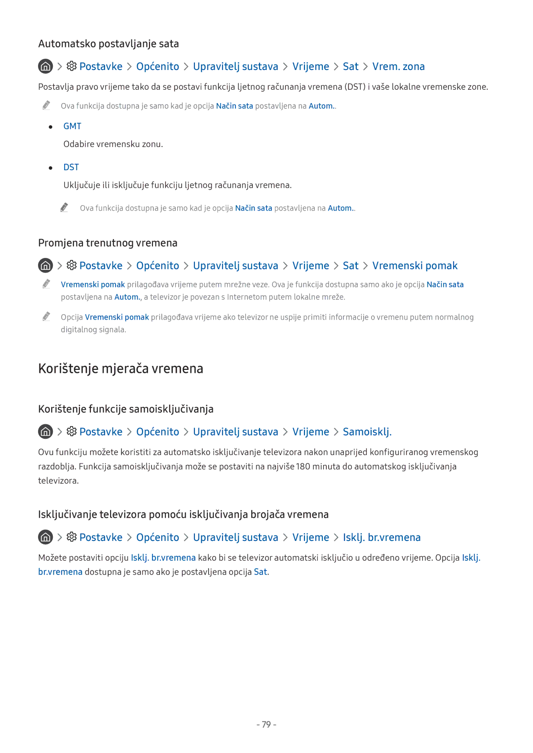 Samsung UE55M6372AUXXH manual Korištenje mjerača vremena, Postavke Općenito Upravitelj sustava Vrijeme Sat Vrem. zona 