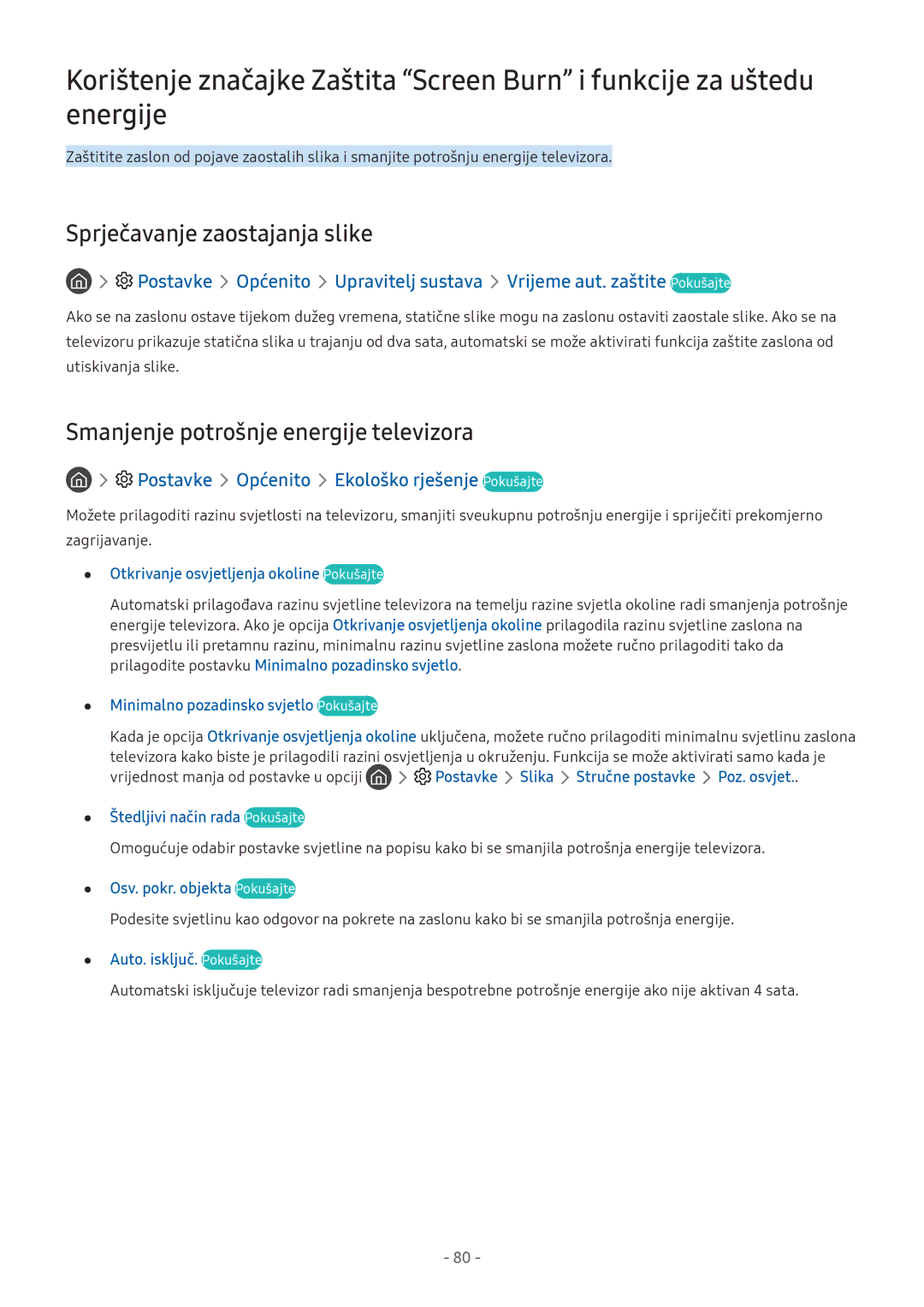 Samsung UE55M5582AUXXH, UE43M5522AKXXH manual Sprječavanje zaostajanja slike, Smanjenje potrošnje energije televizora 