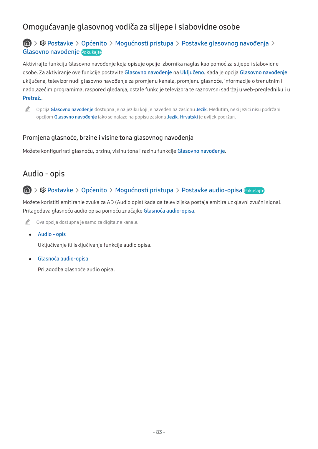 Samsung UE43M5582AUXXH, UE43M5522AKXXH manual Omogućavanje glasovnog vodiča za slijepe i slabovidne osobe, Audio opis 