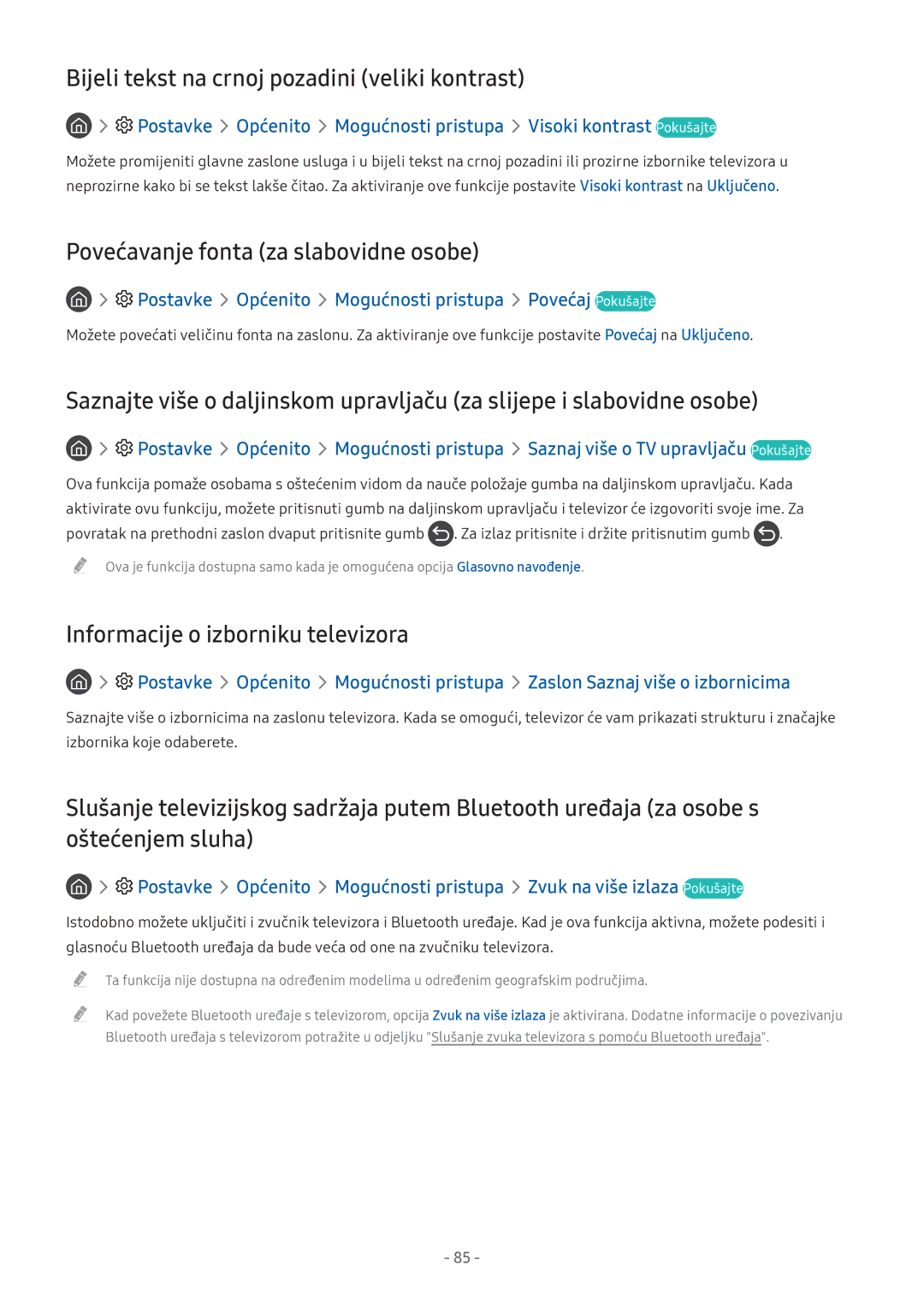 Samsung UE55M5572AUXXH manual Bijeli tekst na crnoj pozadini veliki kontrast, Povećavanje fonta za slabovidne osobe 