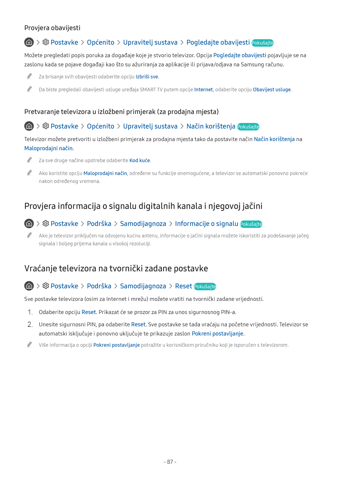 Samsung UE49M6322AKXXH, UE43M5522AKXXH manual Vraćanje televizora na tvornički zadane postavke, Provjera obavijesti 
