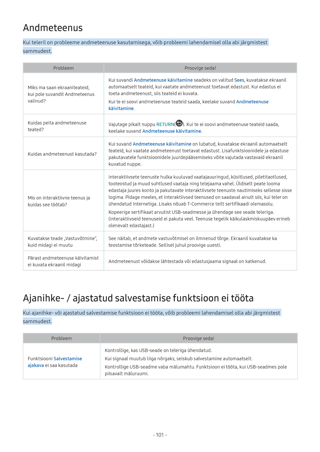 Samsung UE49M5522AKXXH, UE43M5522AKXXH Andmeteenus, Ajanihke- / ajastatud salvestamise funktsioon ei tööta, Käivitamine 