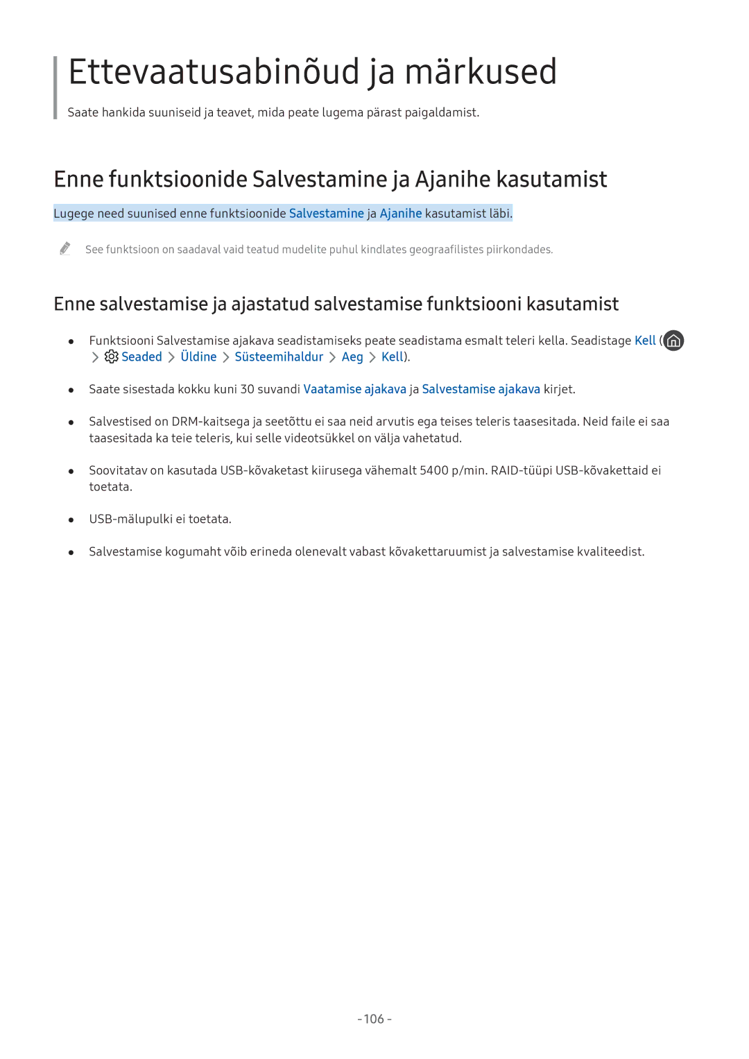 Samsung UE49M5502AKXXH manual Ettevaatusabinõud ja märkused, Enne funktsioonide Salvestamine ja Ajanihe kasutamist 