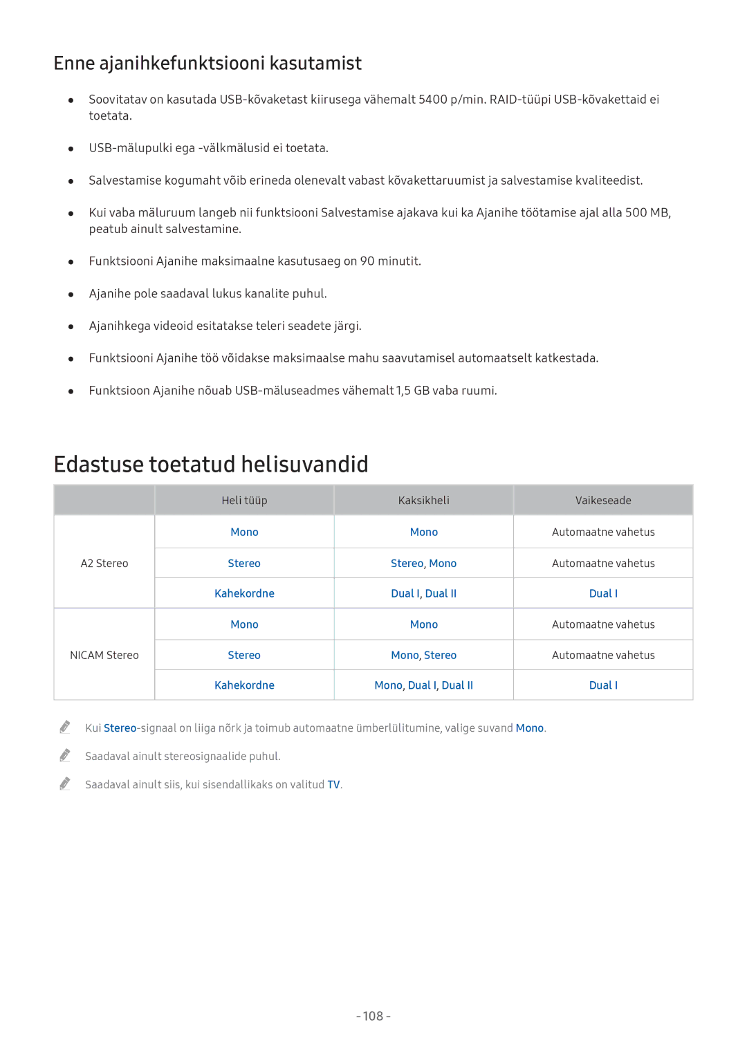 Samsung UE43M5522AKXXH manual Edastuse toetatud helisuvandid, Enne ajanihkefunktsiooni kasutamist, Mono Automaatne vahetus 