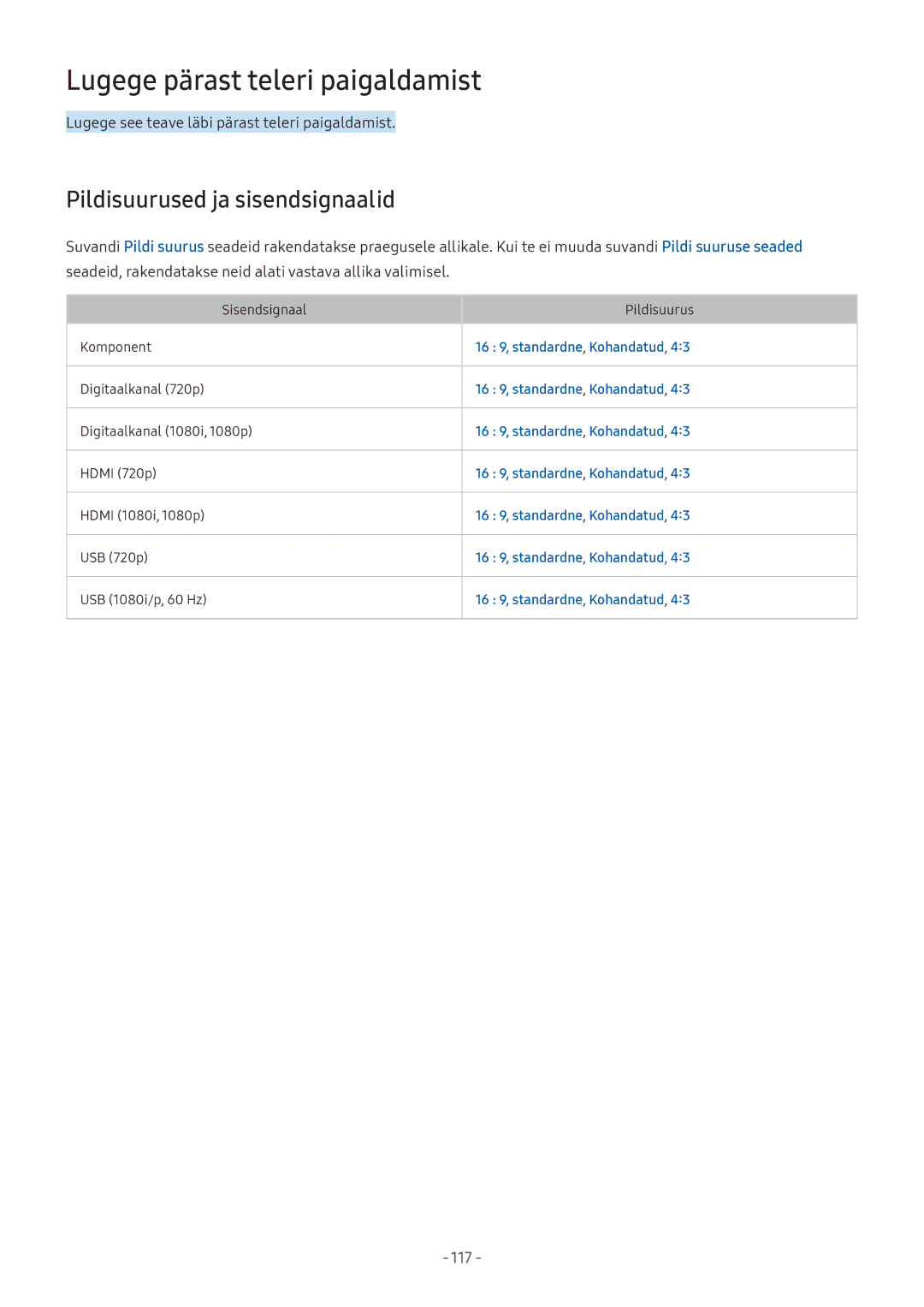 Samsung UE32M5502AKXXH Lugege pärast teleri paigaldamist, Pildisuurused ja sisendsignaalid, 16 9, standardne, Kohandatud 