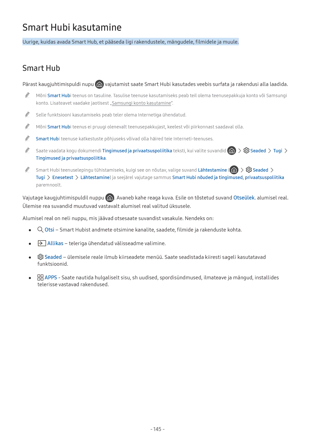 Samsung UE32M5522AKXXH, UE43M5522AKXXH, UE43M5502AKXXH, UE32M5502AKXXH manual Smart Hub, Tingimused ja privaatsuspoliitika 