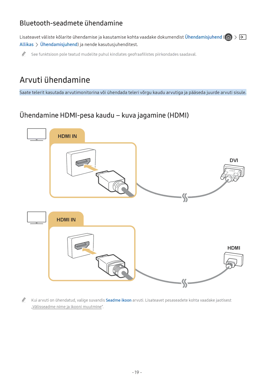 Samsung UE32M5522AKXXH Arvuti ühendamine, Bluetooth-seadmete ühendamine, Ühendamine HDMI-pesa kaudu kuva jagamine Hdmi 