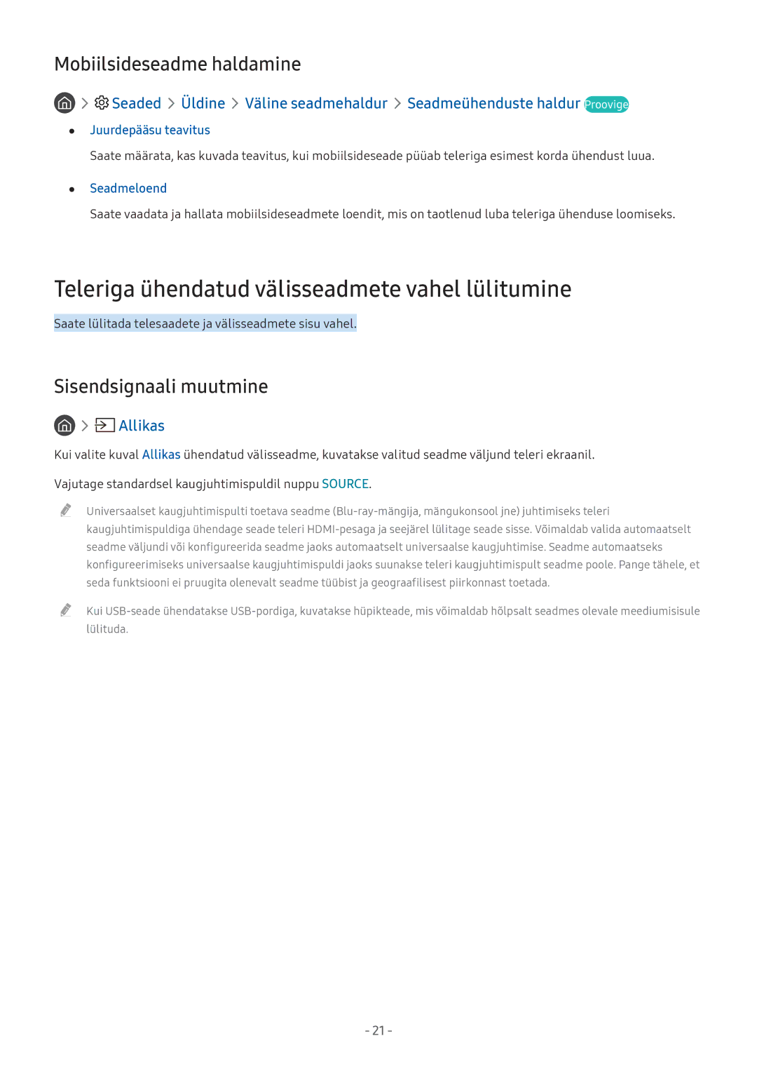 Samsung UE32M5502AKXXH Teleriga ühendatud välisseadmete vahel lülitumine, Mobiilsideseadme haldamine, Juurdepääsu teavitus 