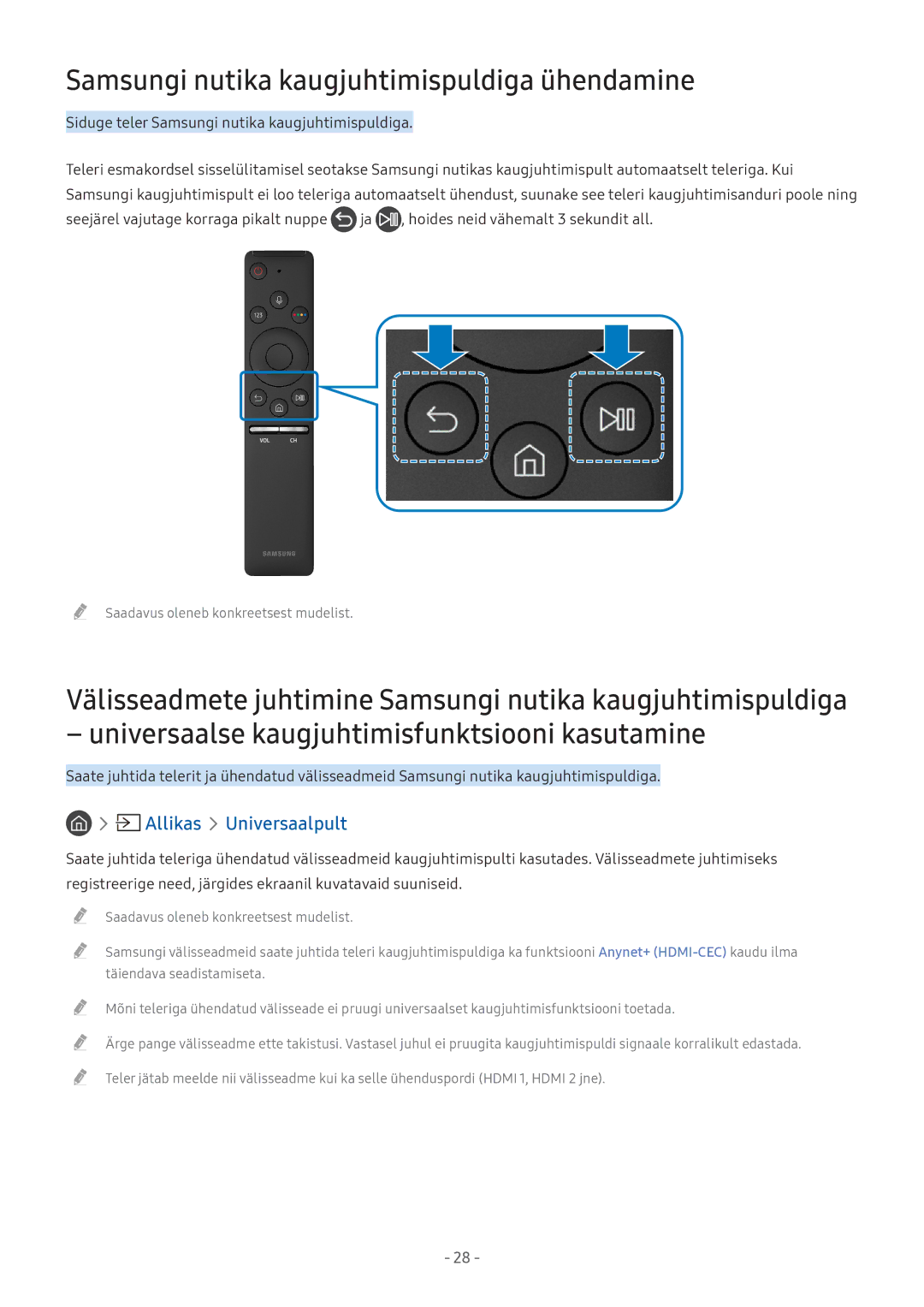 Samsung UE49M5502AKXXH, UE43M5522AKXXH manual Samsungi nutika kaugjuhtimispuldiga ühendamine, Allikas Universaalpult 