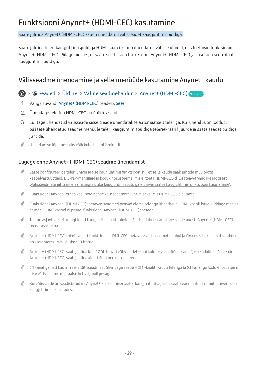 Samsung UE49M5522AKXXH manual Funktsiooni Anynet+ HDMI-CEC kasutamine, Lugege enne Anynet+ HDMI-CEC seadme ühendamist 